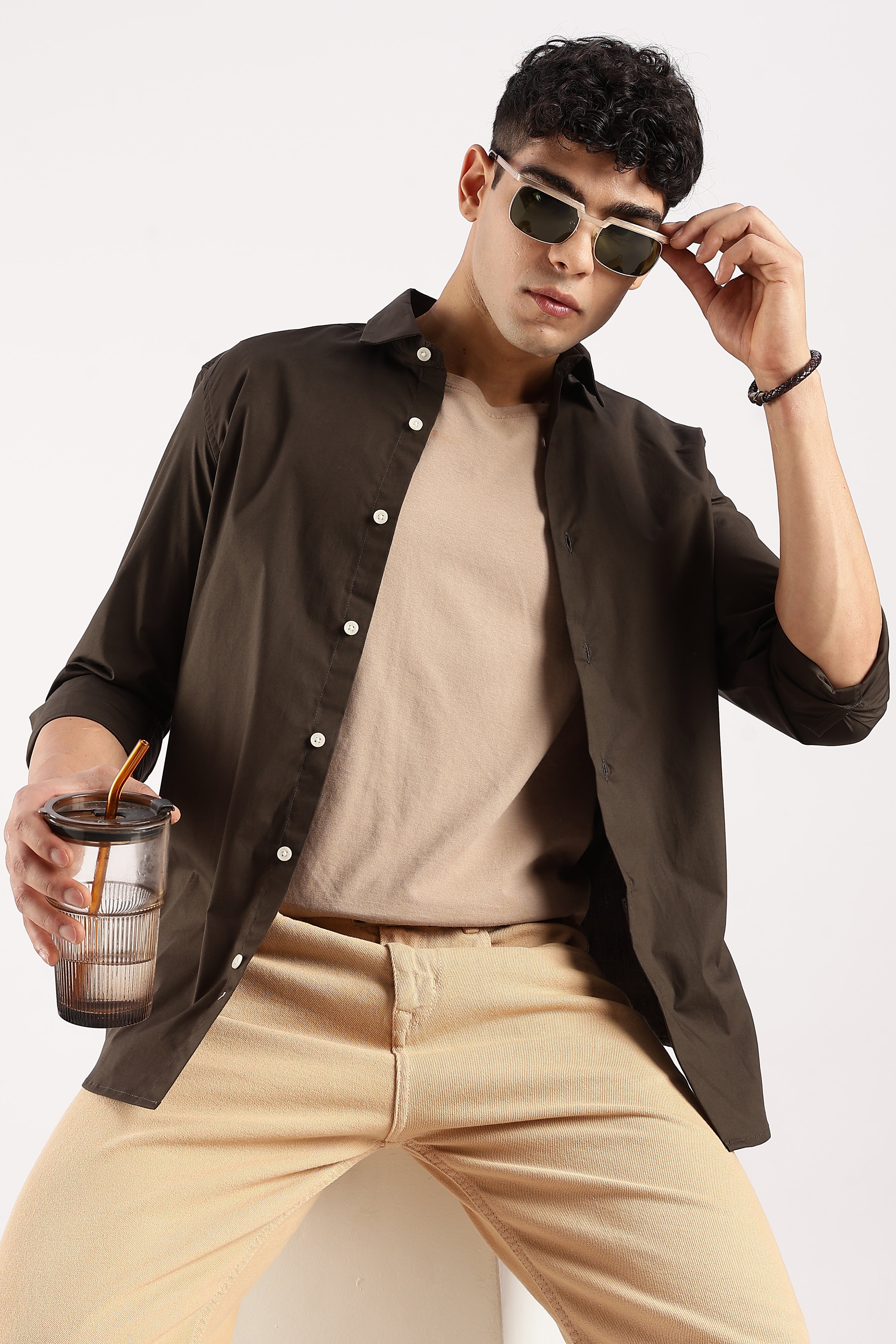 Men Olive Cotton Lycra Shirt