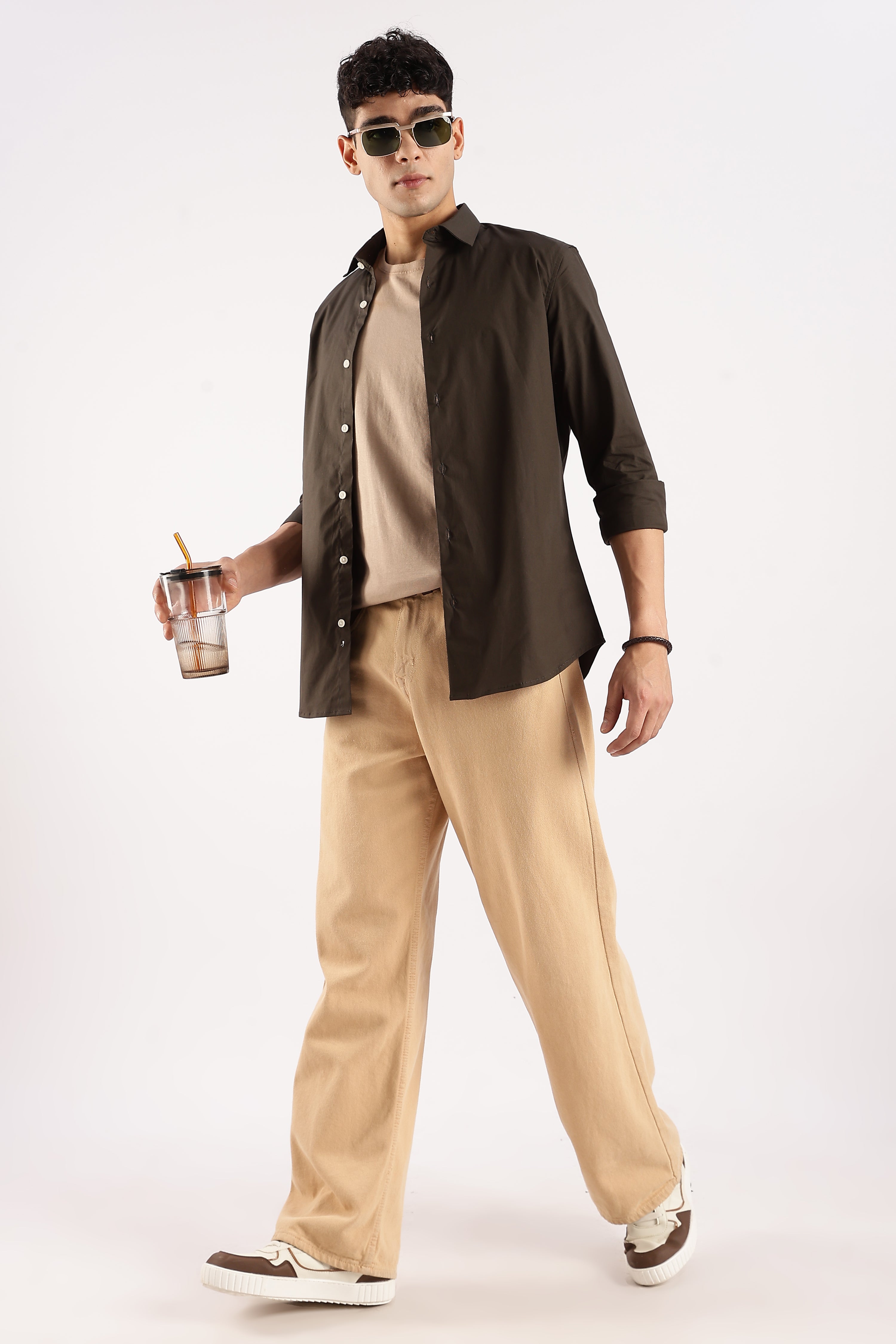 Men Olive Cotton Lycra Shirt