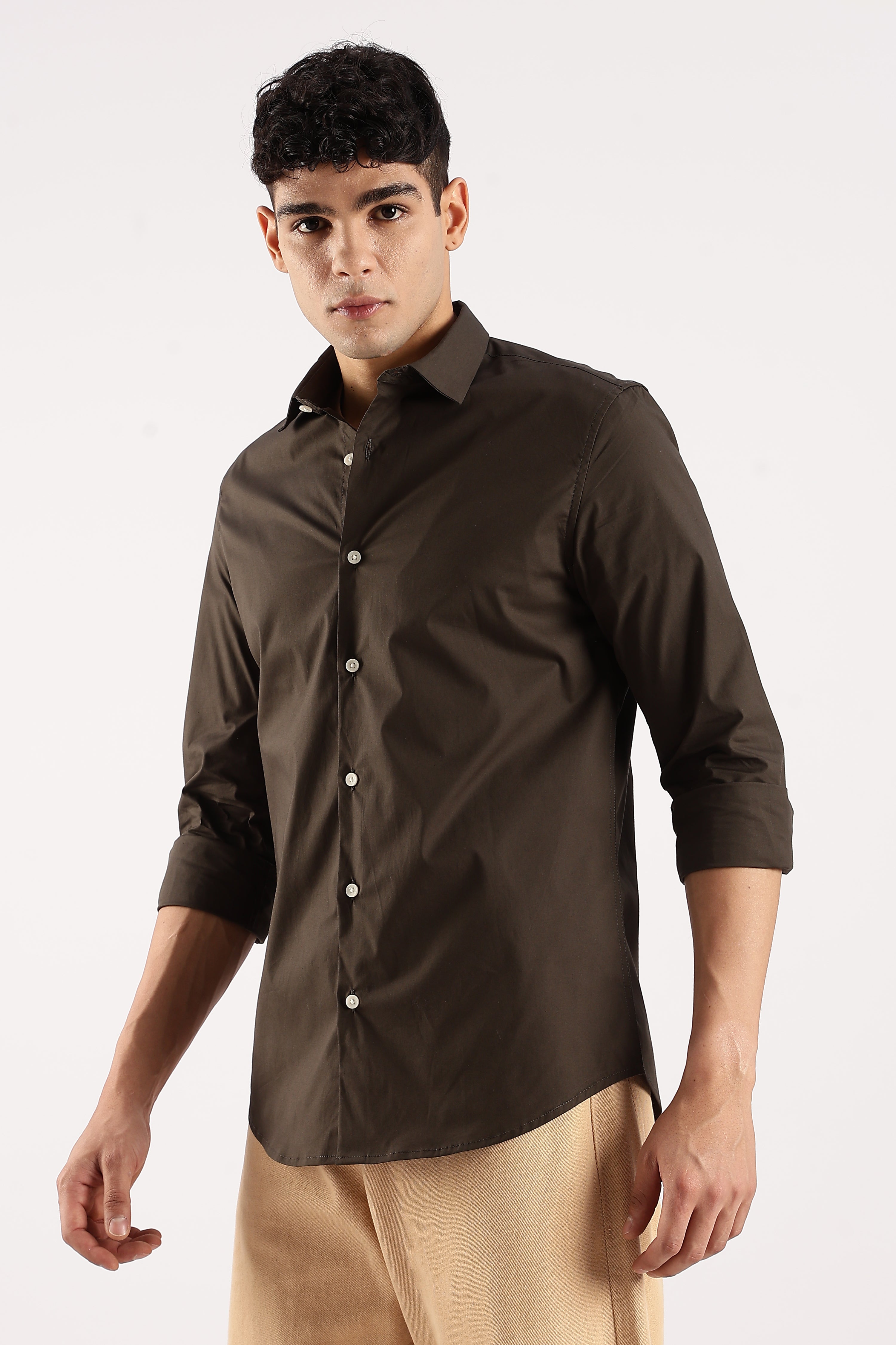 Men Olive Cotton Lycra Shirt