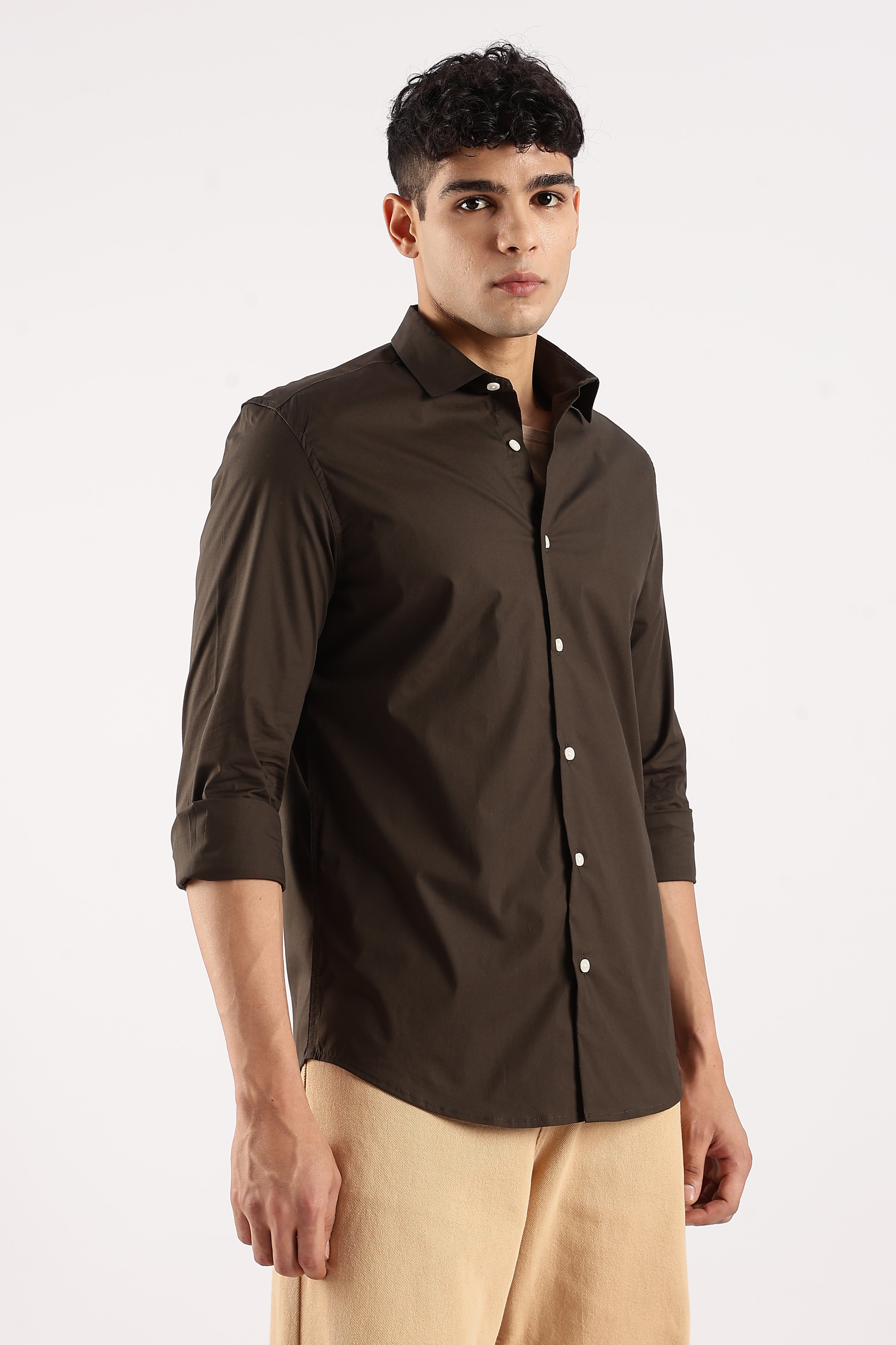 Men Olive Cotton Lycra Shirt