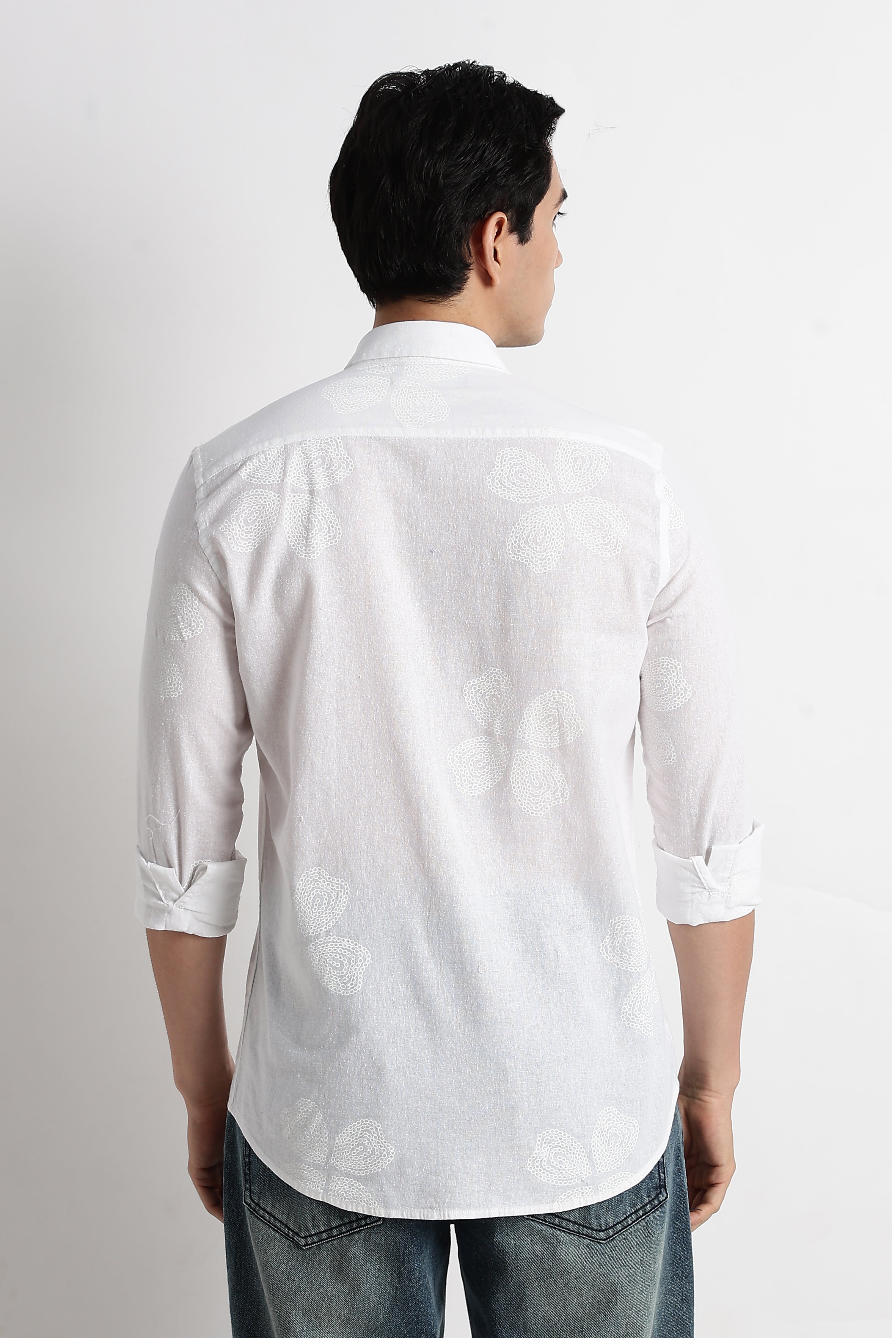 Men Floral Embroidered Cotton Linen Shirt