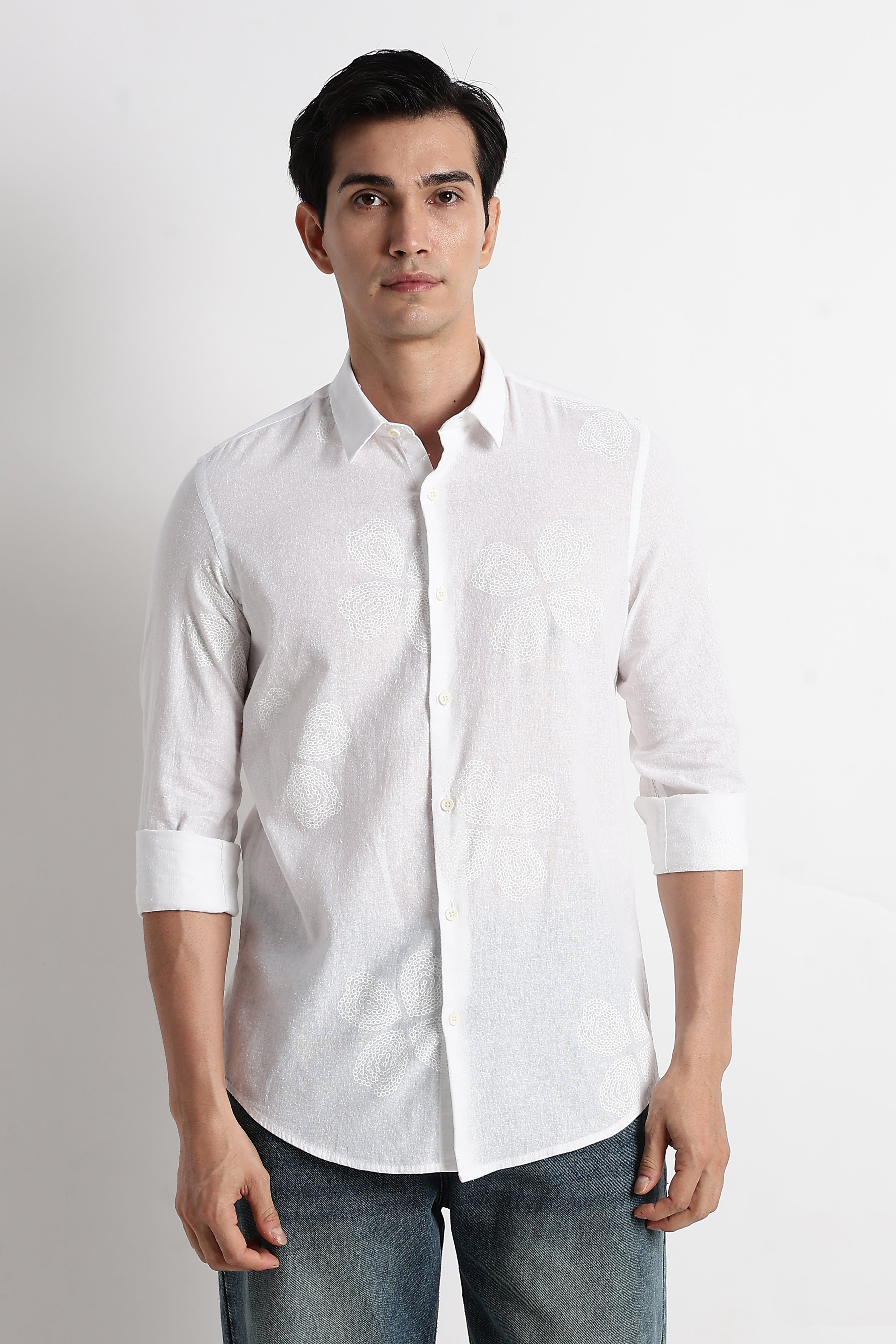 Men Floral Embroidered Cotton Linen Shirt