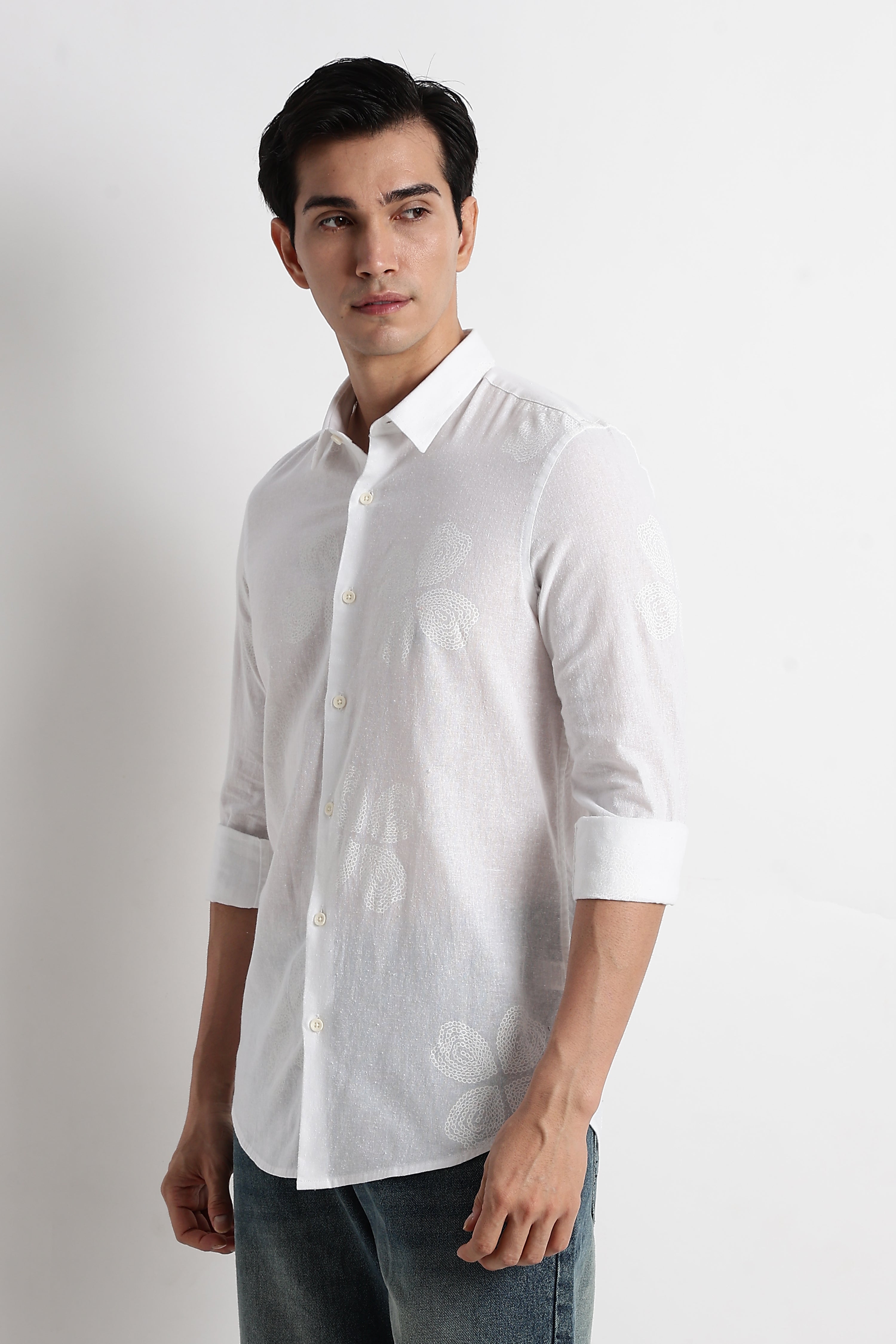 Men Floral Embroidered Cotton Linen Shirt