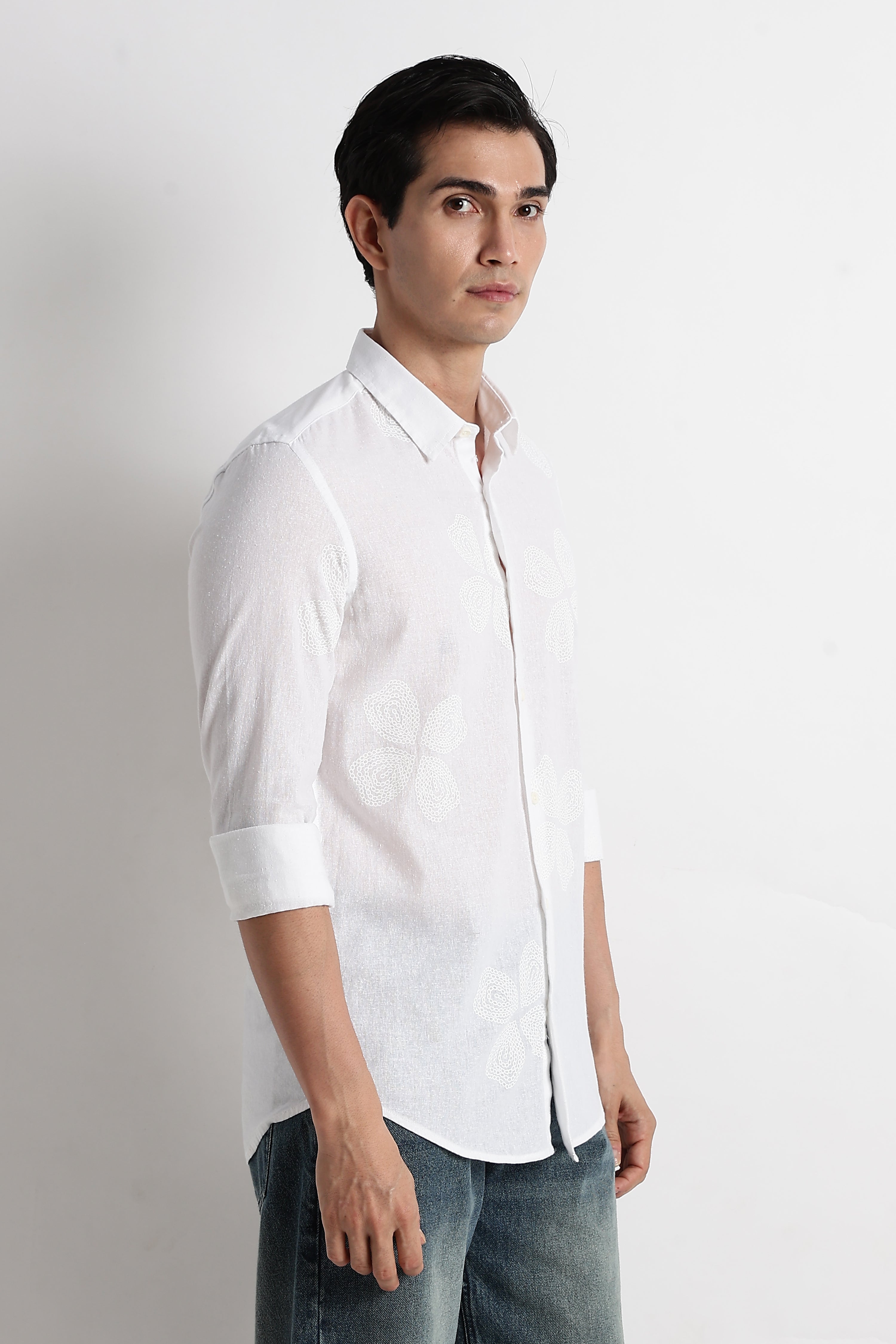 Men Floral Embroidered Cotton Linen Shirt