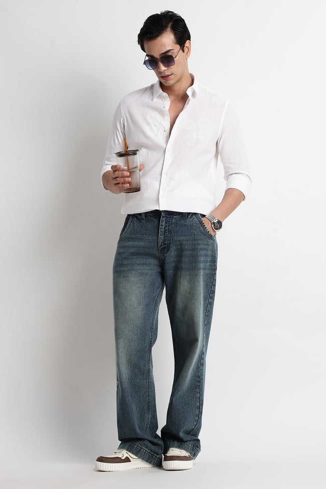 Men Floral Embroidered Cotton Linen Shirt