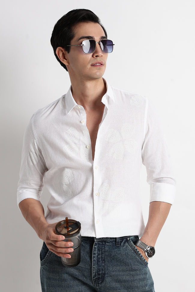 Men Floral Embroidered Cotton Linen Shirt