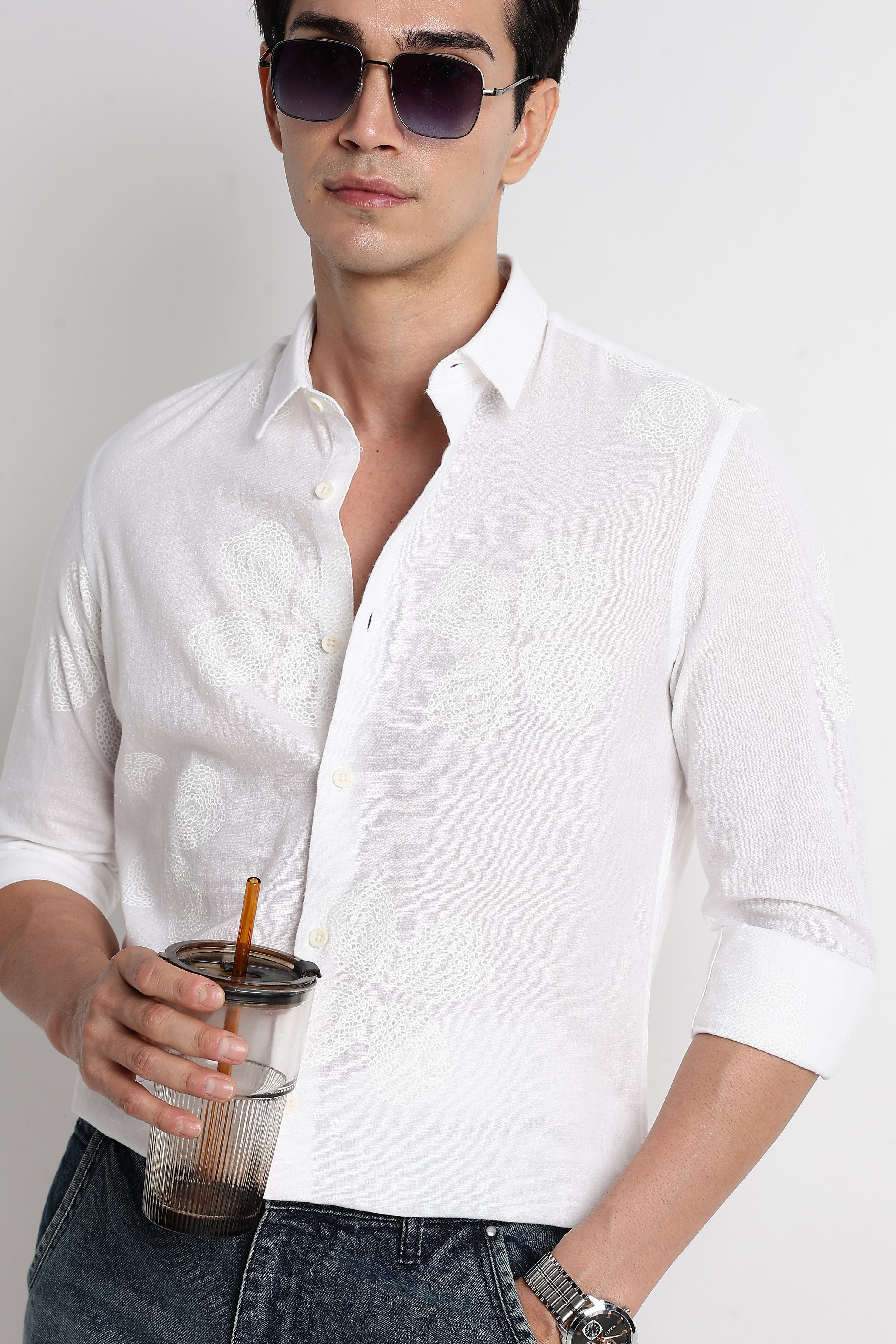 Men Floral Embroidered Cotton Linen Shirt
