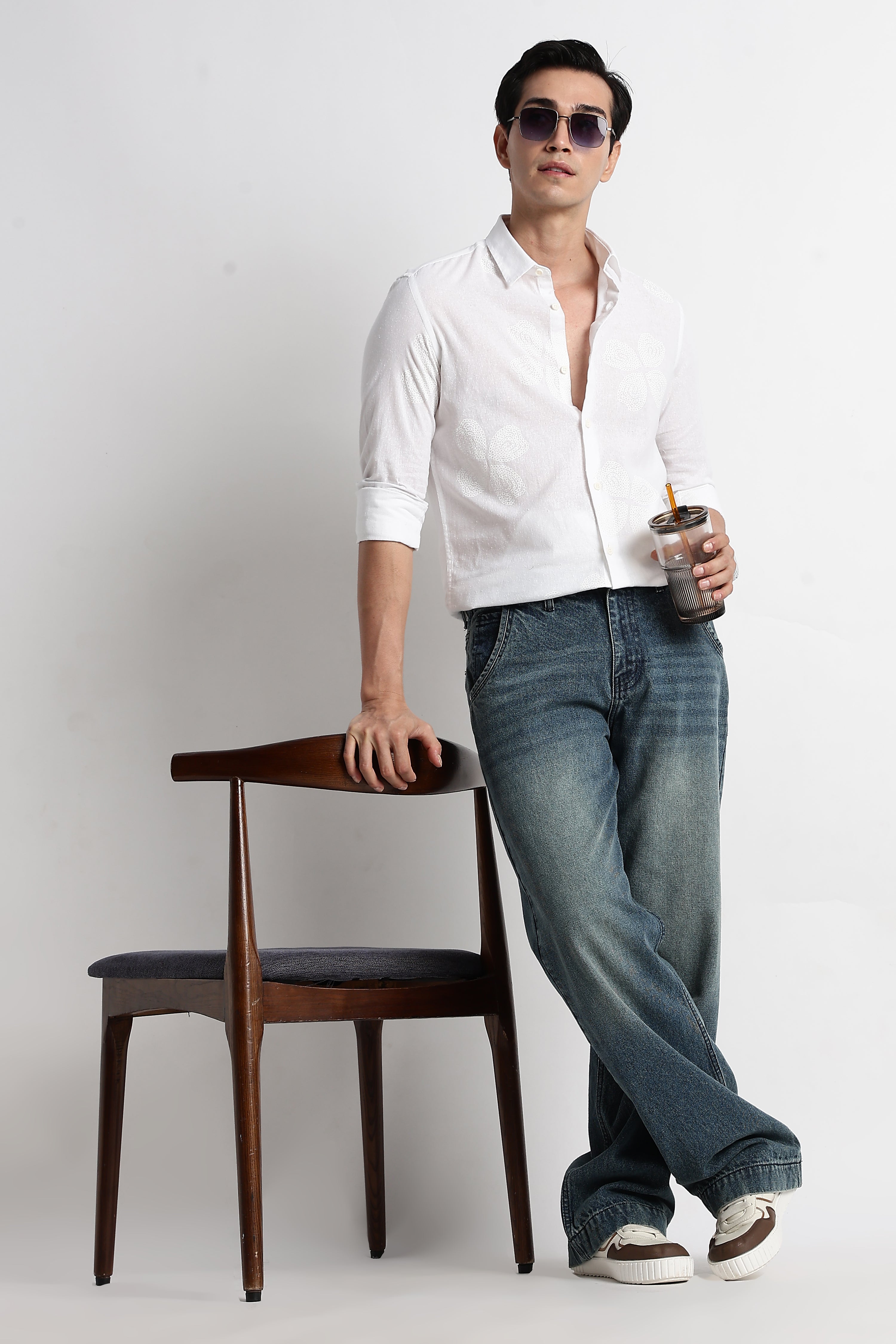 Men Floral Embroidered Cotton Linen Shirt