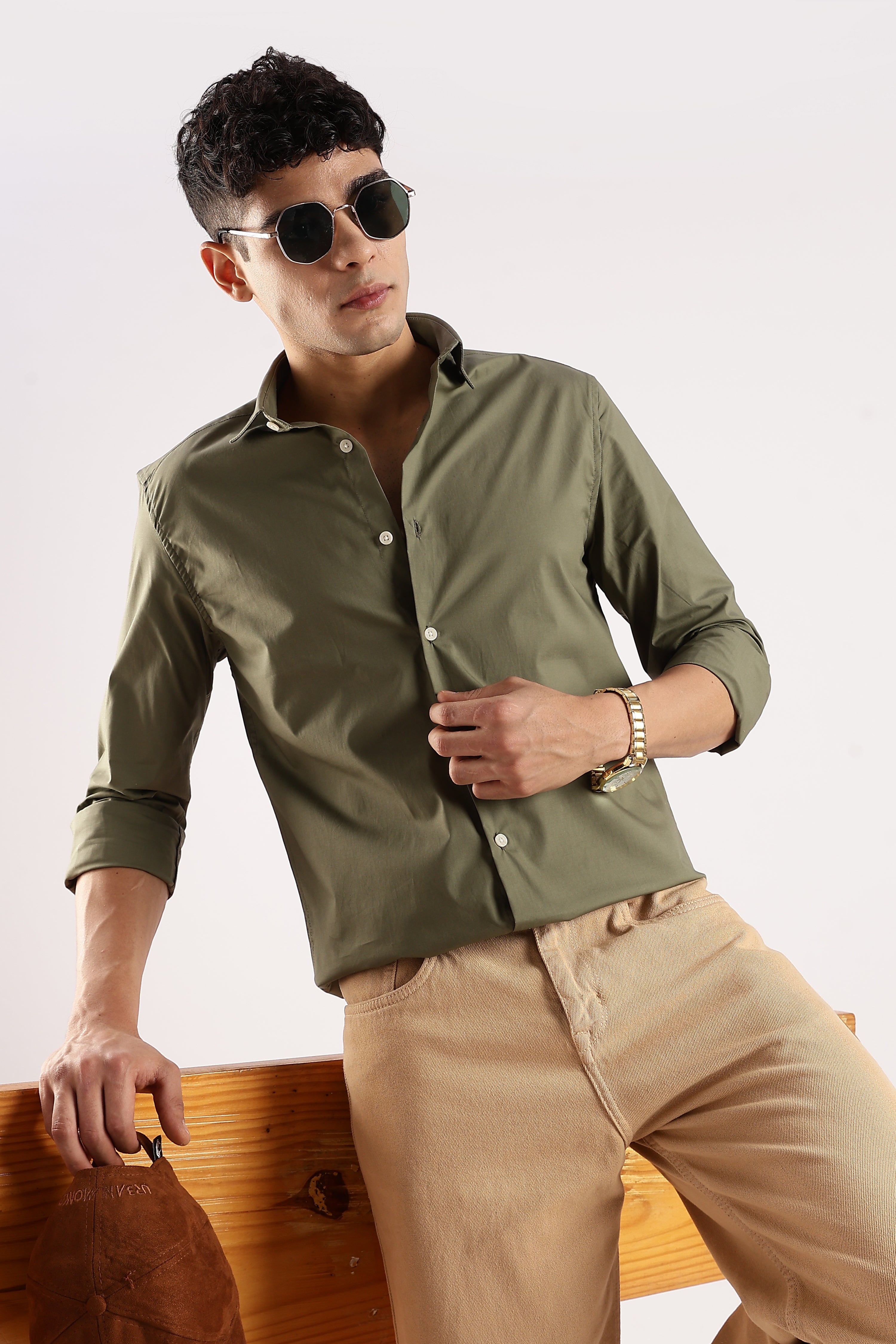 Men Green Cotton Lycra Shirt