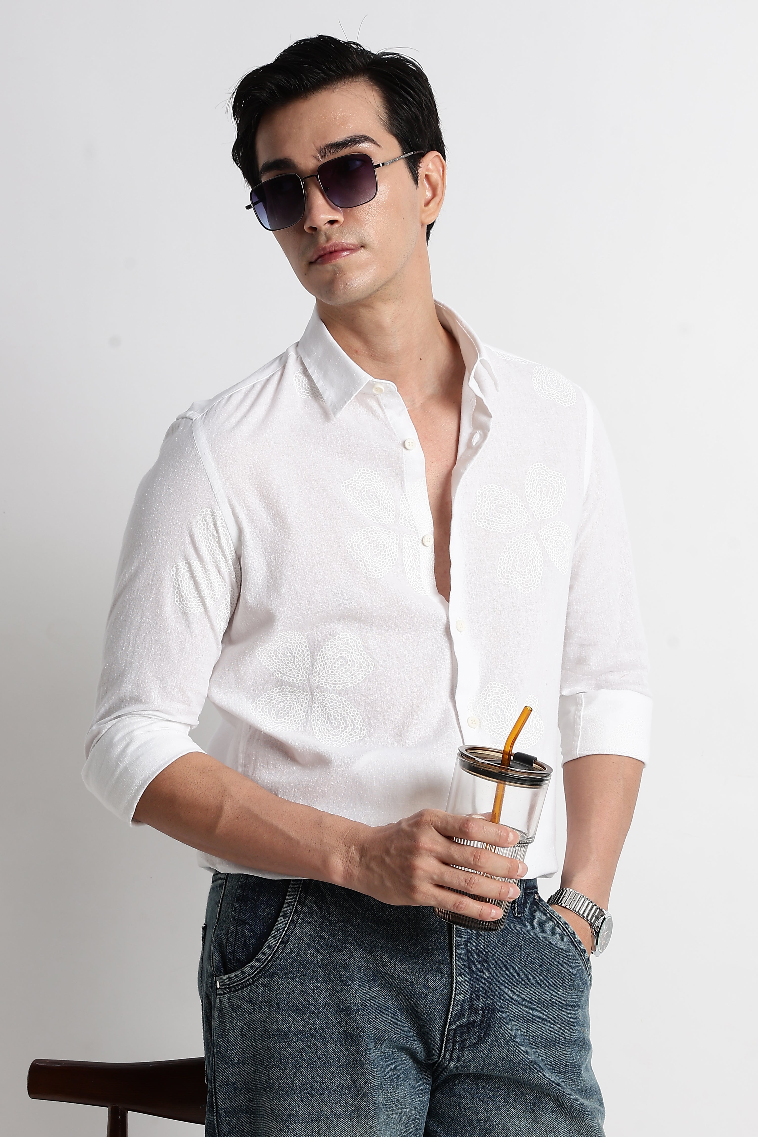 Men Floral Embroidered Cotton Linen Shirt