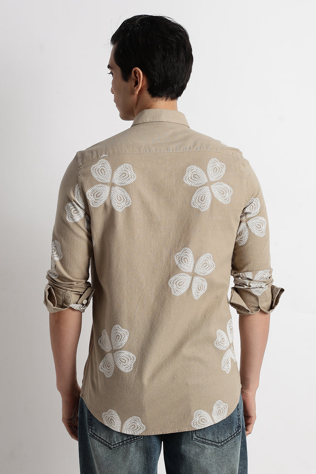 Men Floral Embroidered Cotton Linen Shirt