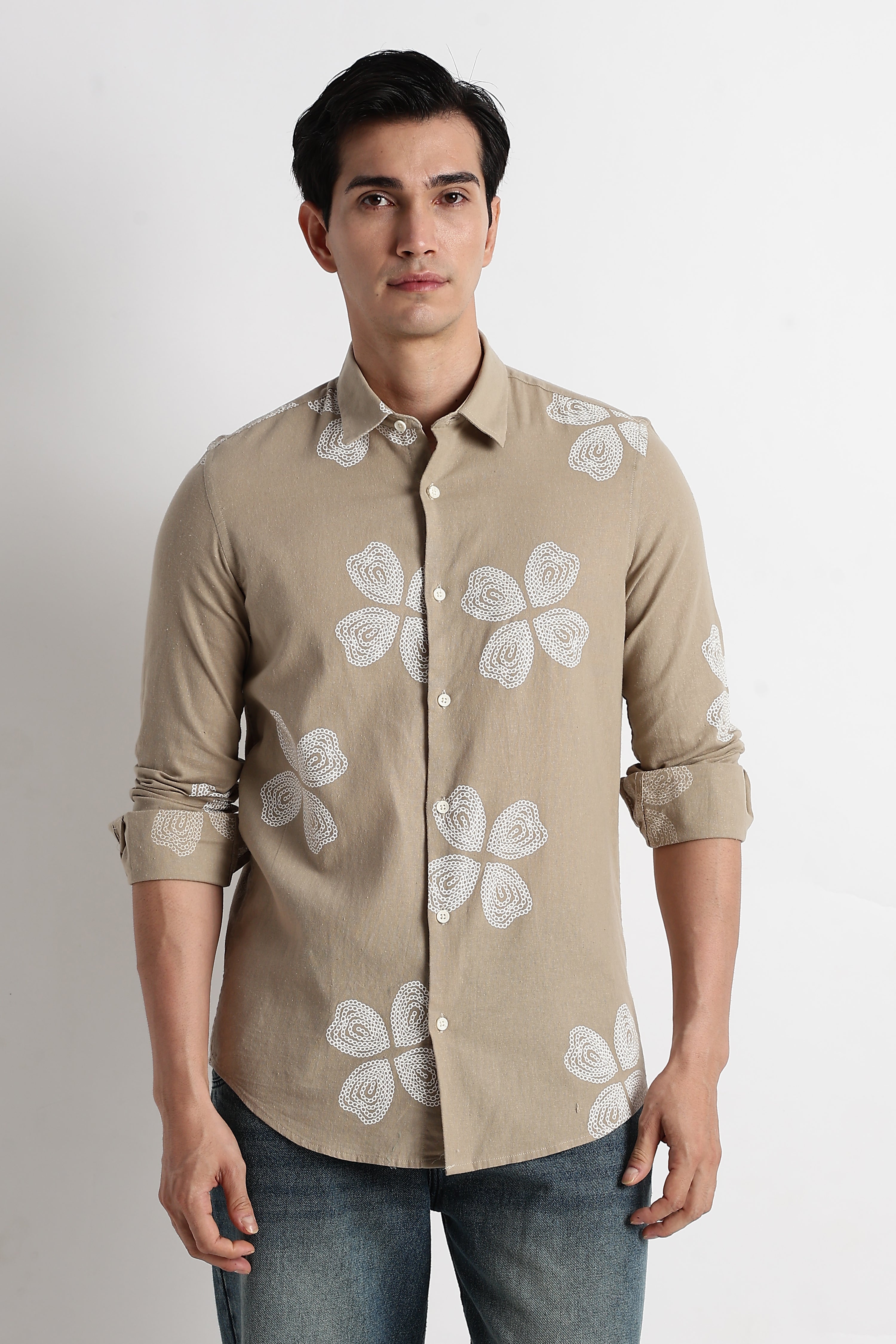 Men Floral Embroidered Cotton Linen Shirt