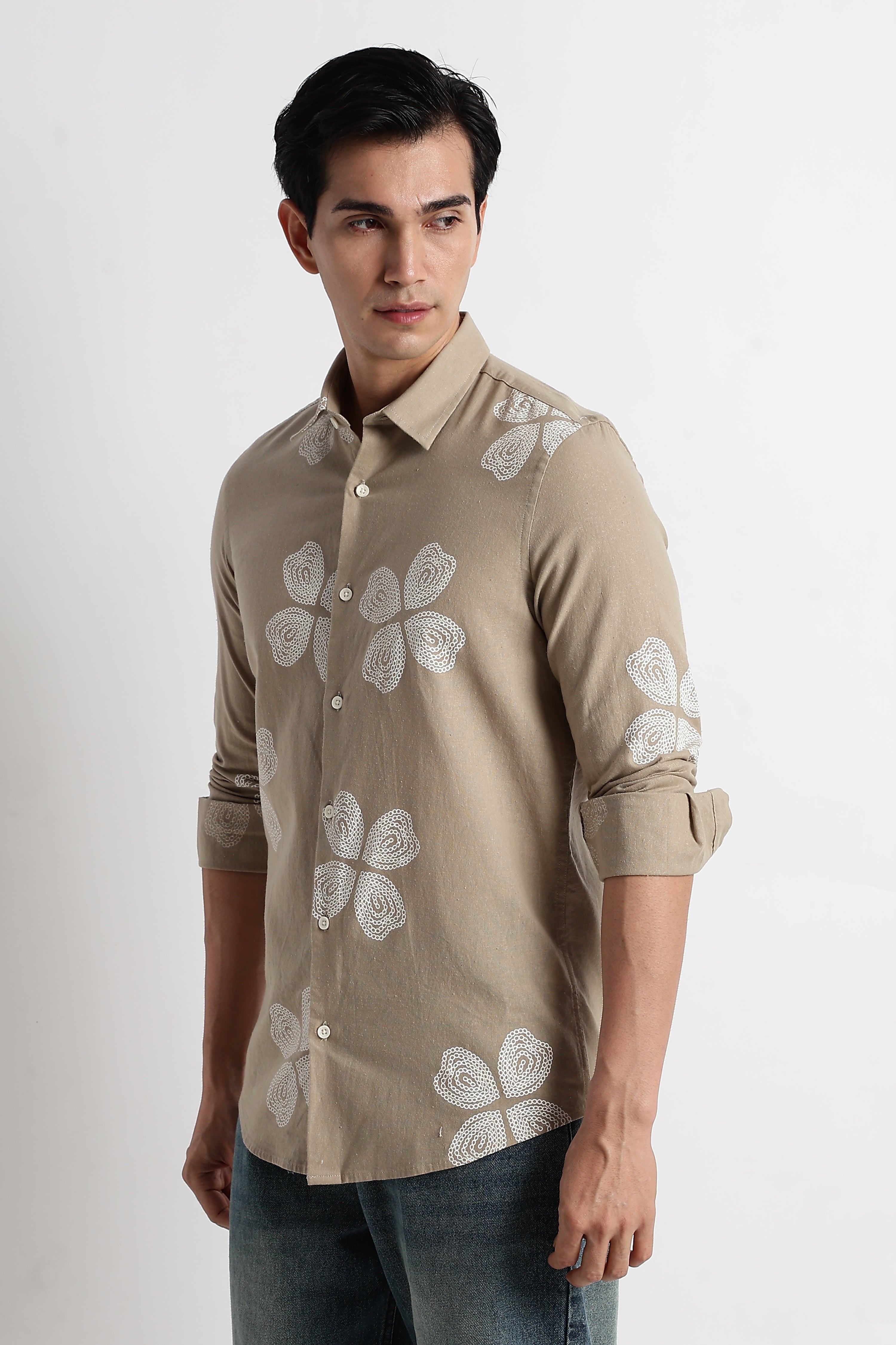 Men Floral Embroidered Cotton Linen Shirt