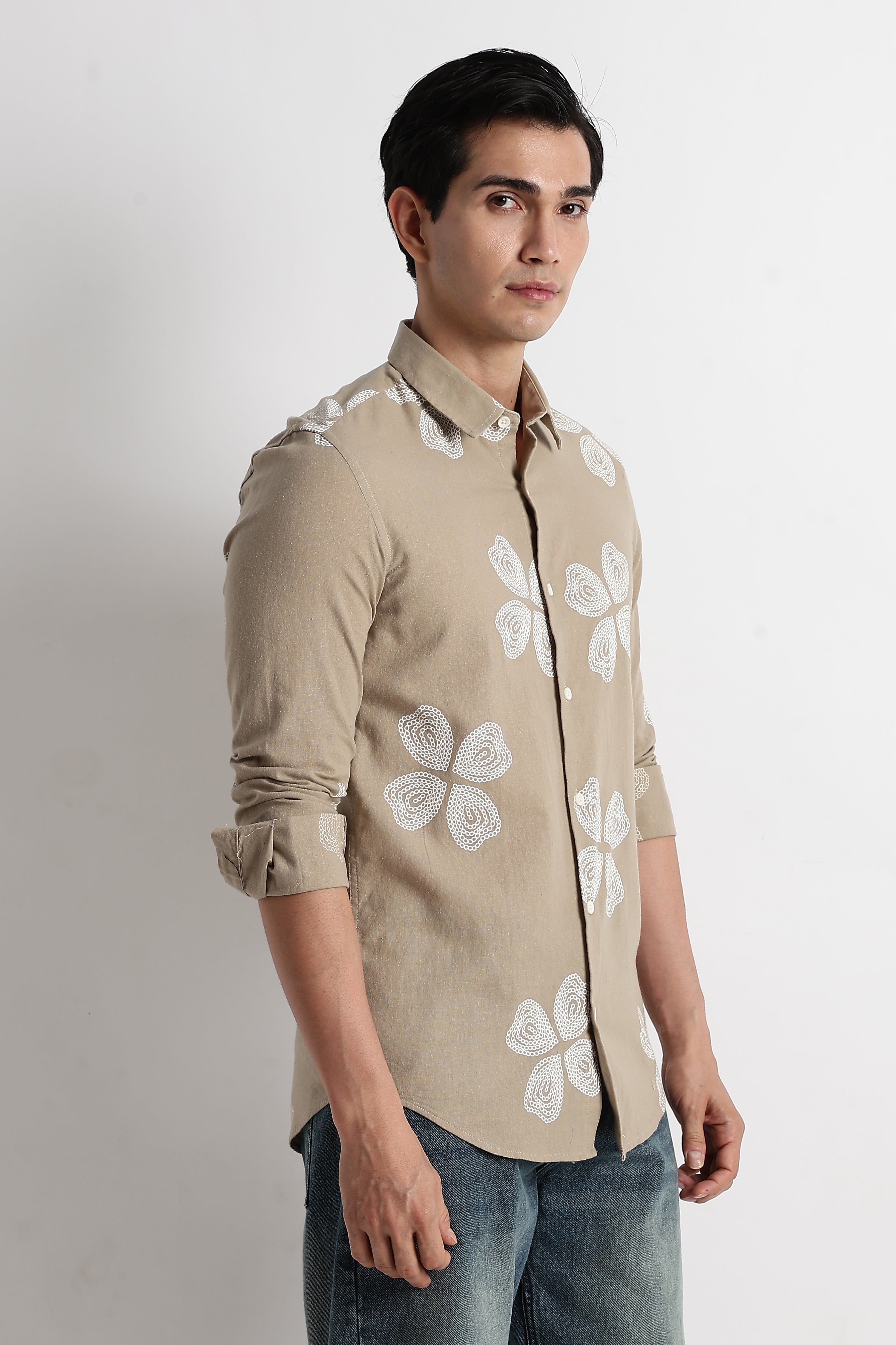 Men Floral Embroidered Cotton Linen Shirt