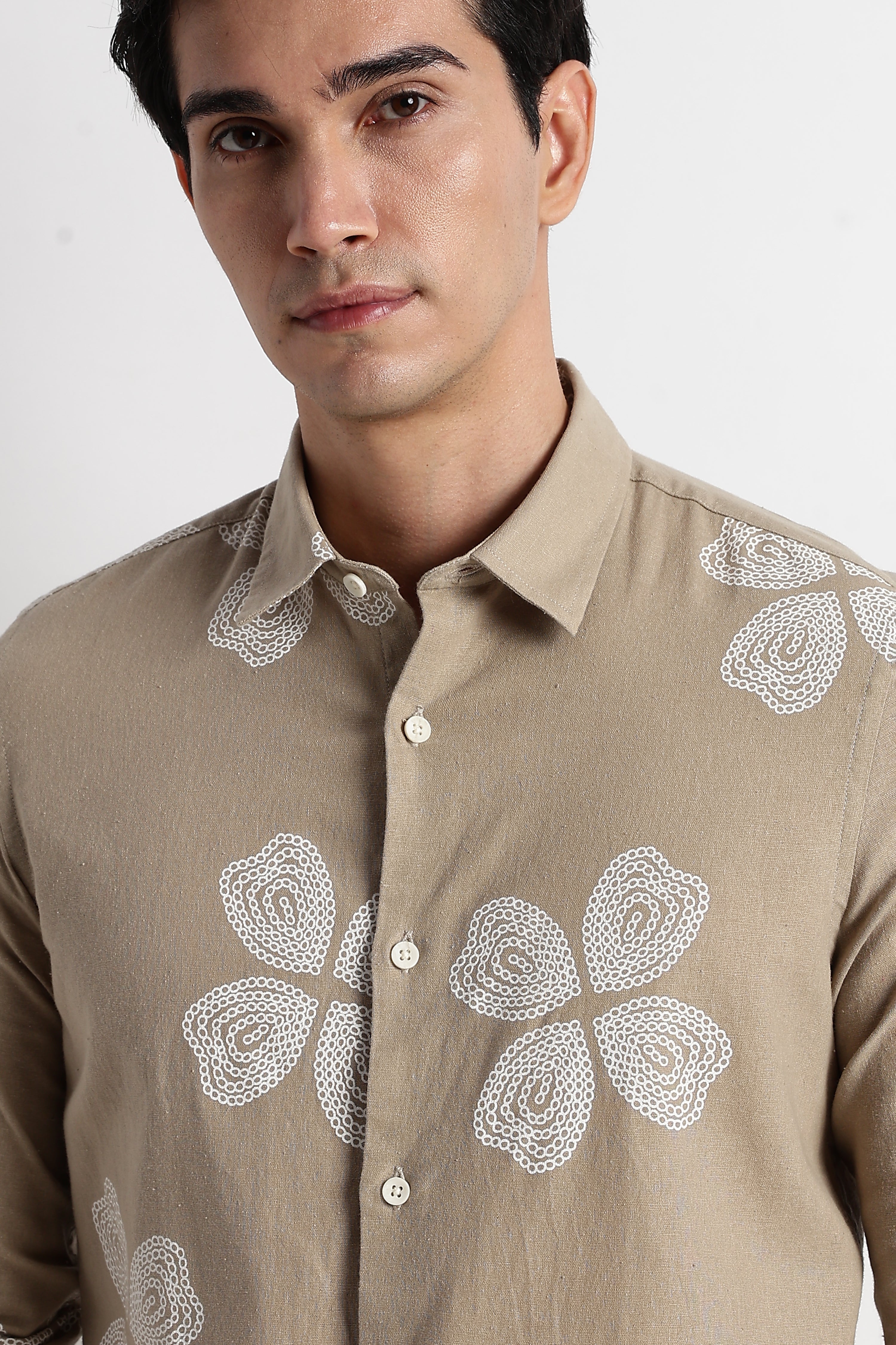 Men Floral Embroidered Cotton Linen Shirt