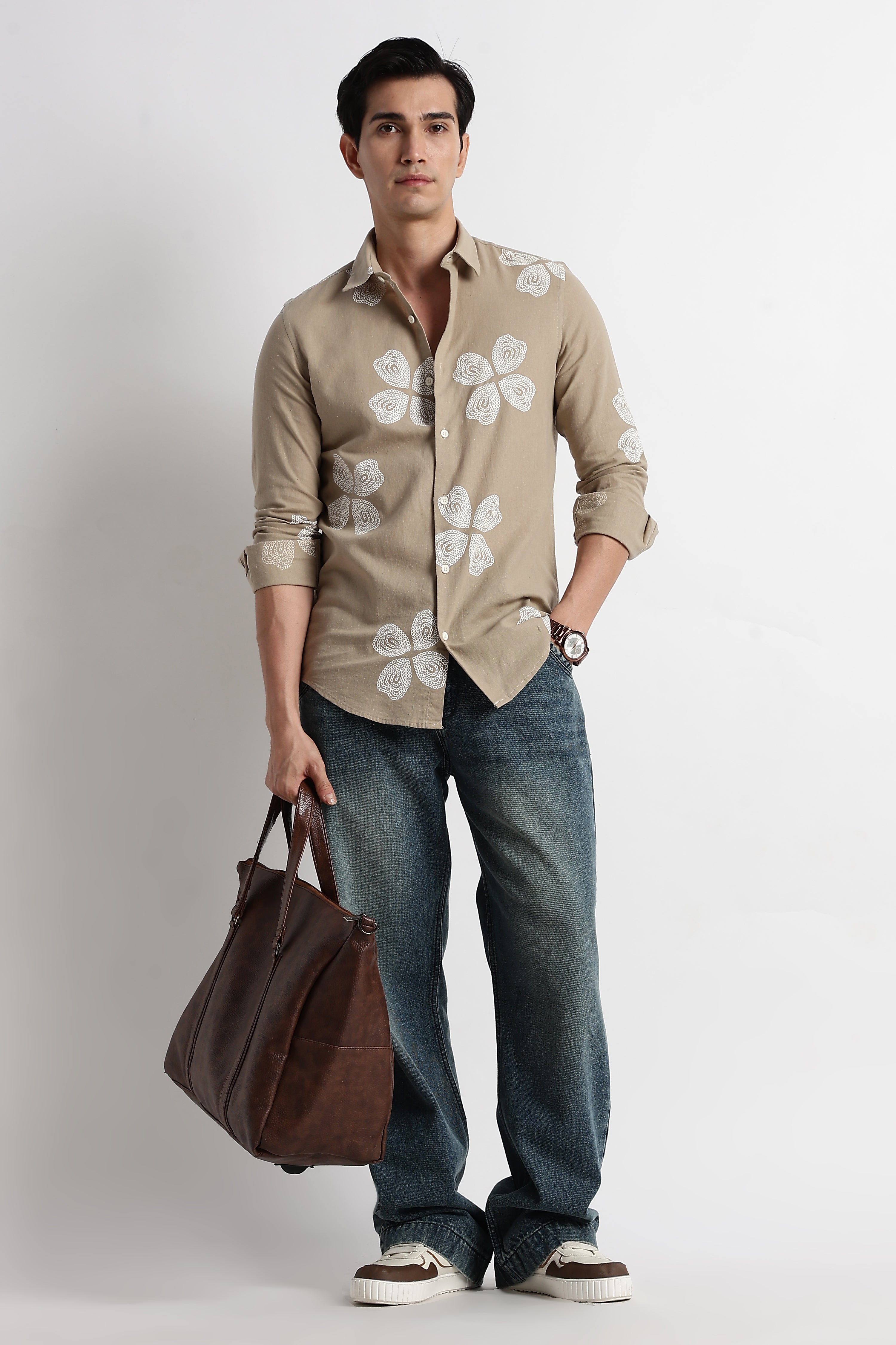 Men Floral Embroidered Cotton Linen Shirt