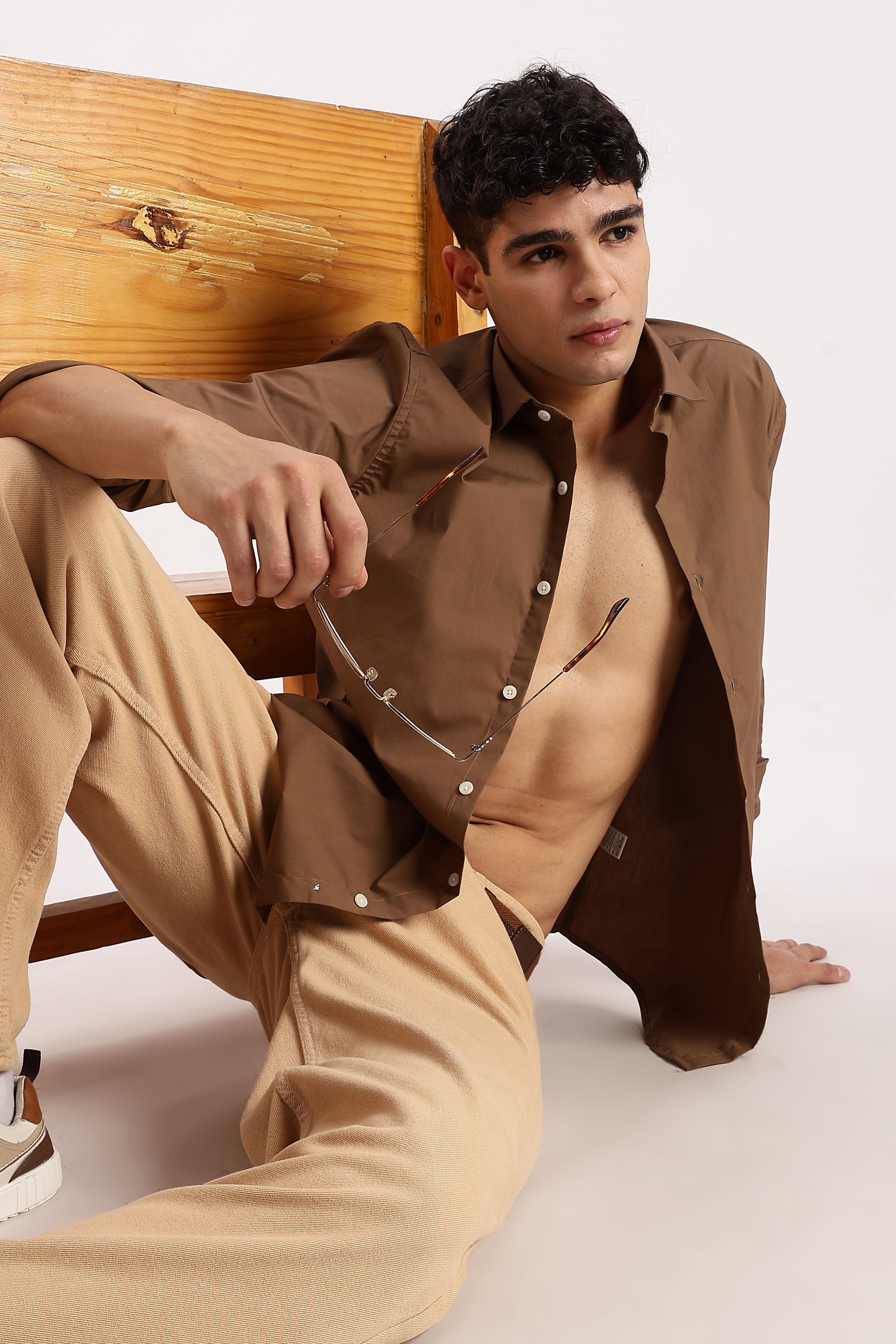 Men Khaki Cotton Lycra Shirt