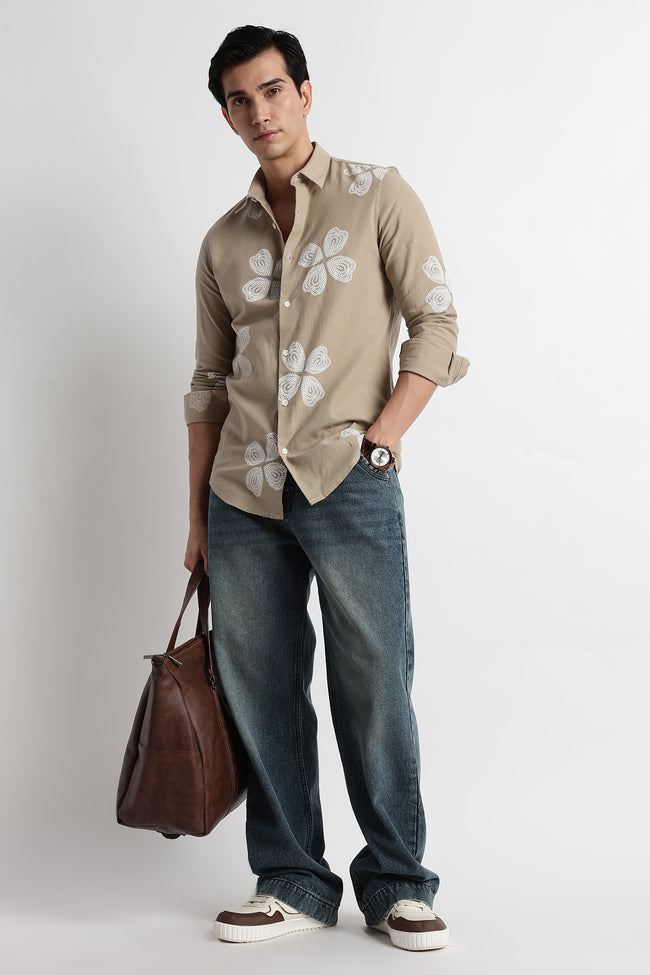 Men Floral Embroidered Cotton Linen Shirt