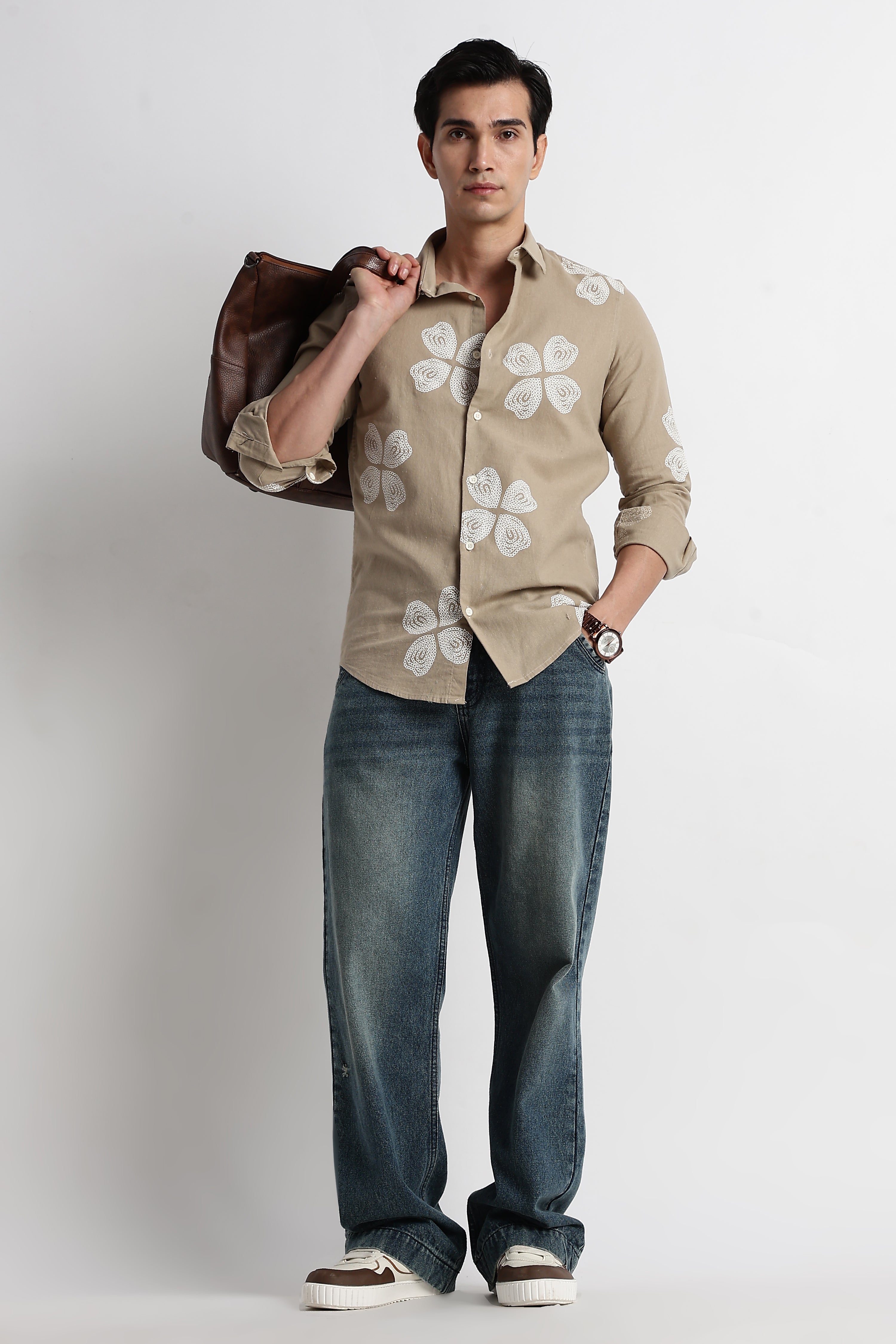 Men Floral Embroidered Cotton Linen Shirt