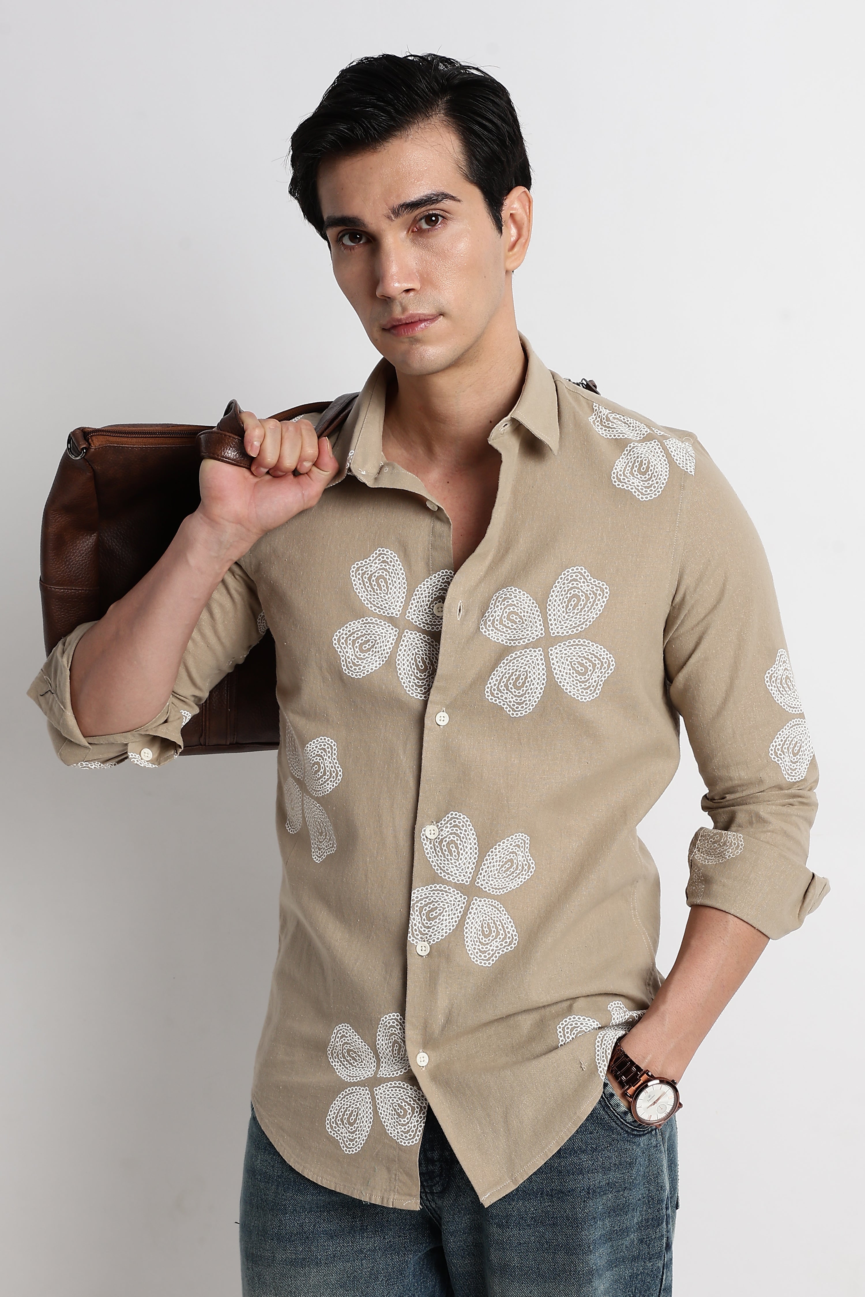 Men Floral Embroidered Cotton Linen Shirt