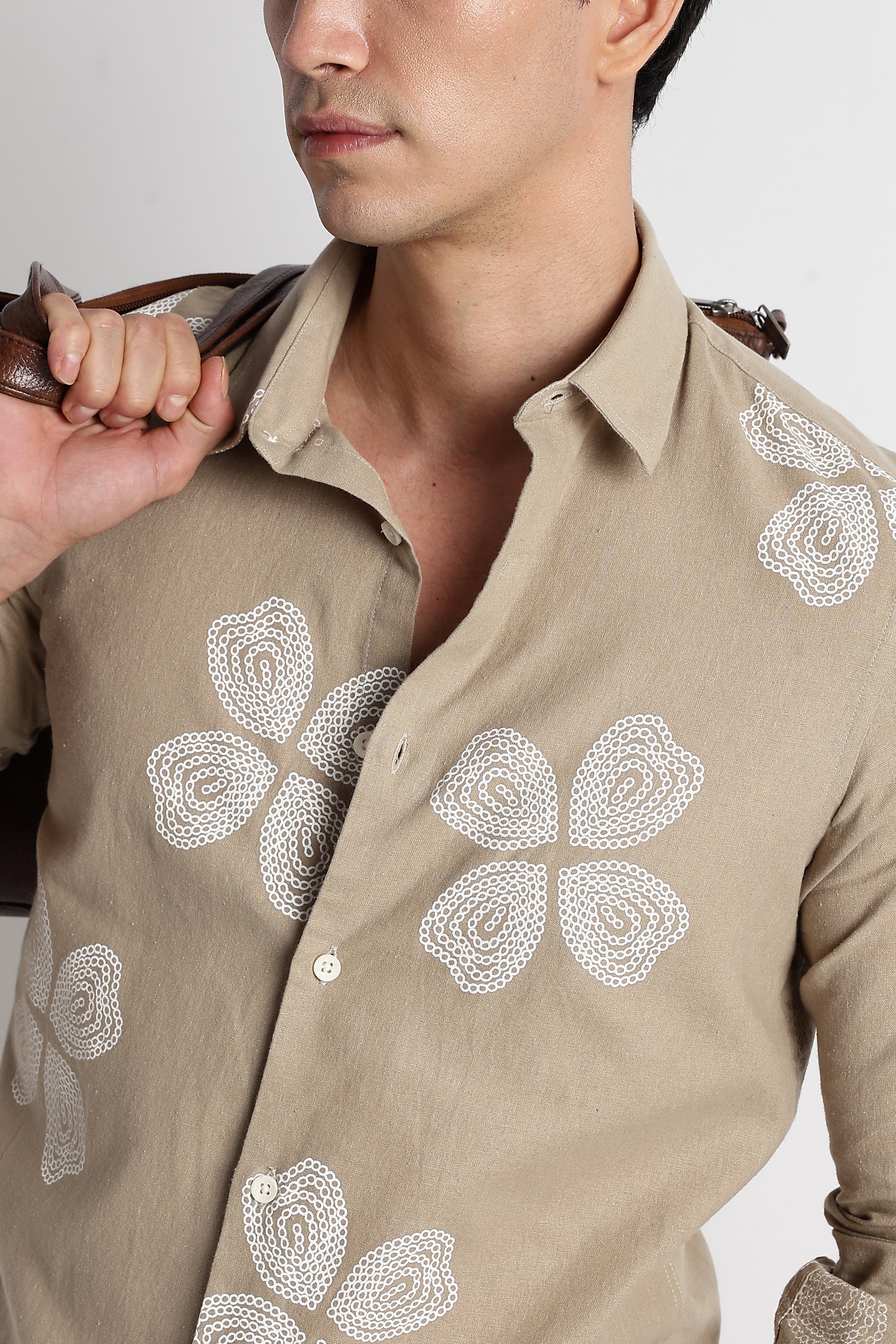Men Floral Embroidered Cotton Linen Shirt