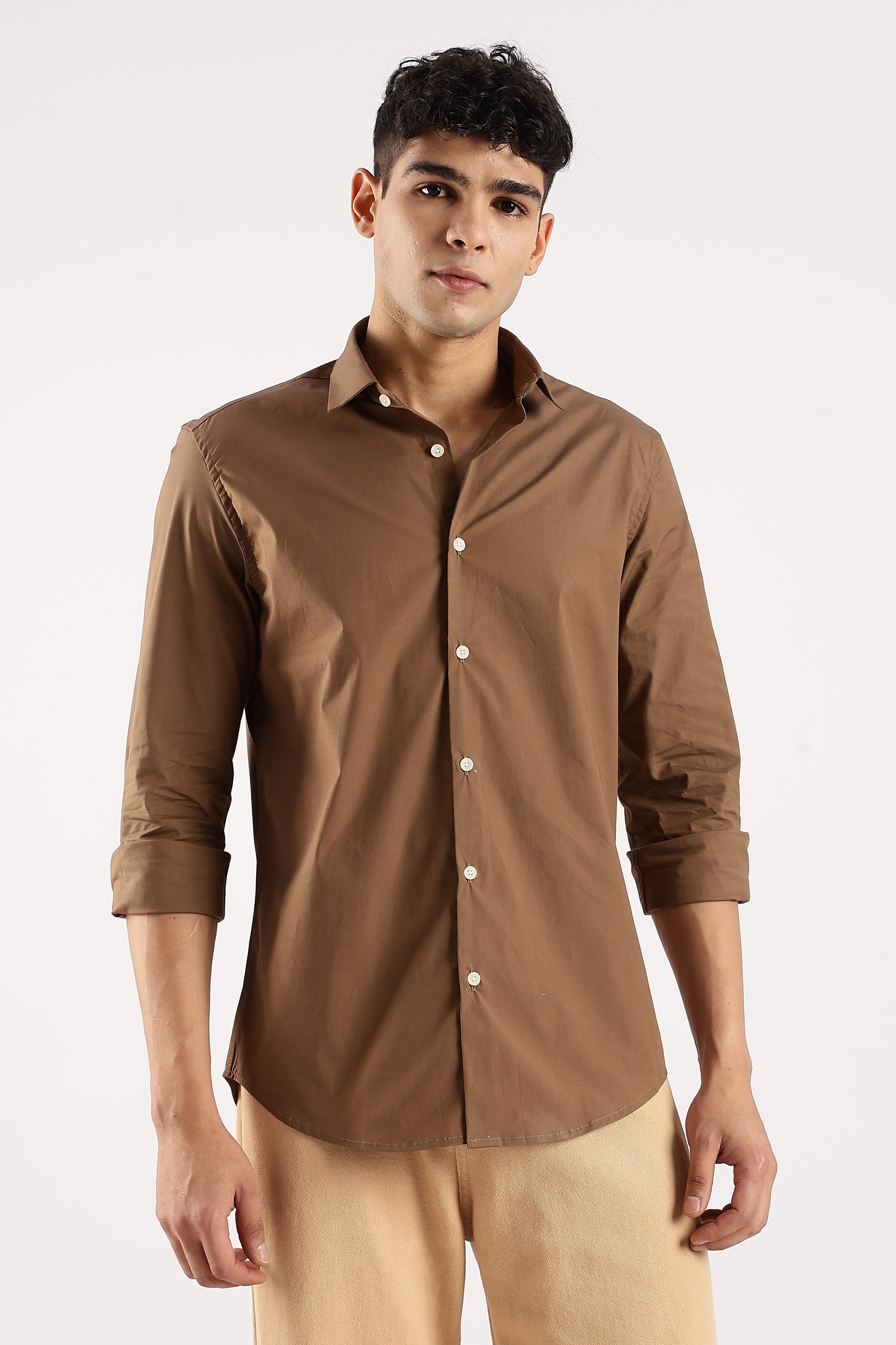 Men Khaki Cotton Lycra Shirt