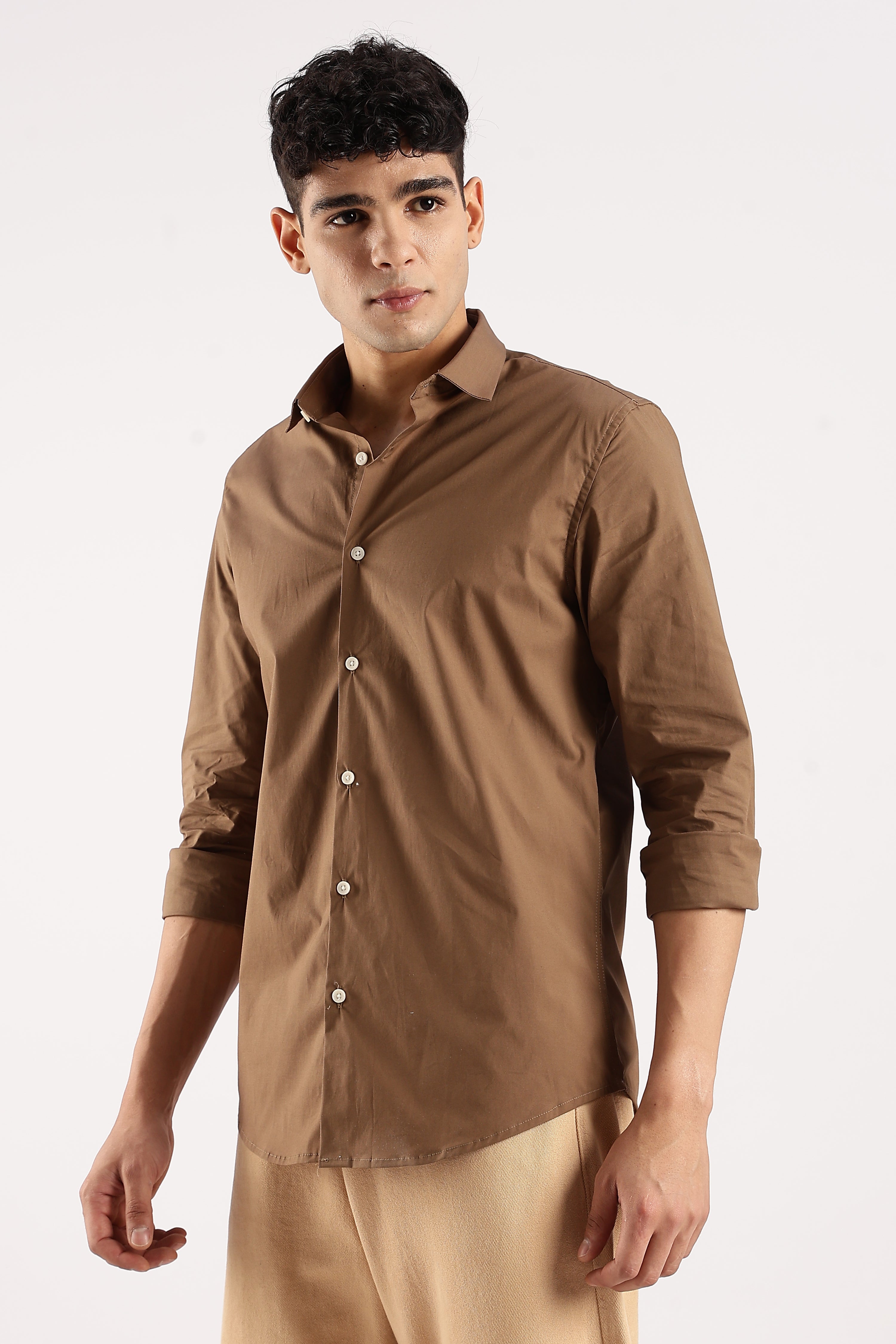 Men Khaki Cotton Lycra Shirt