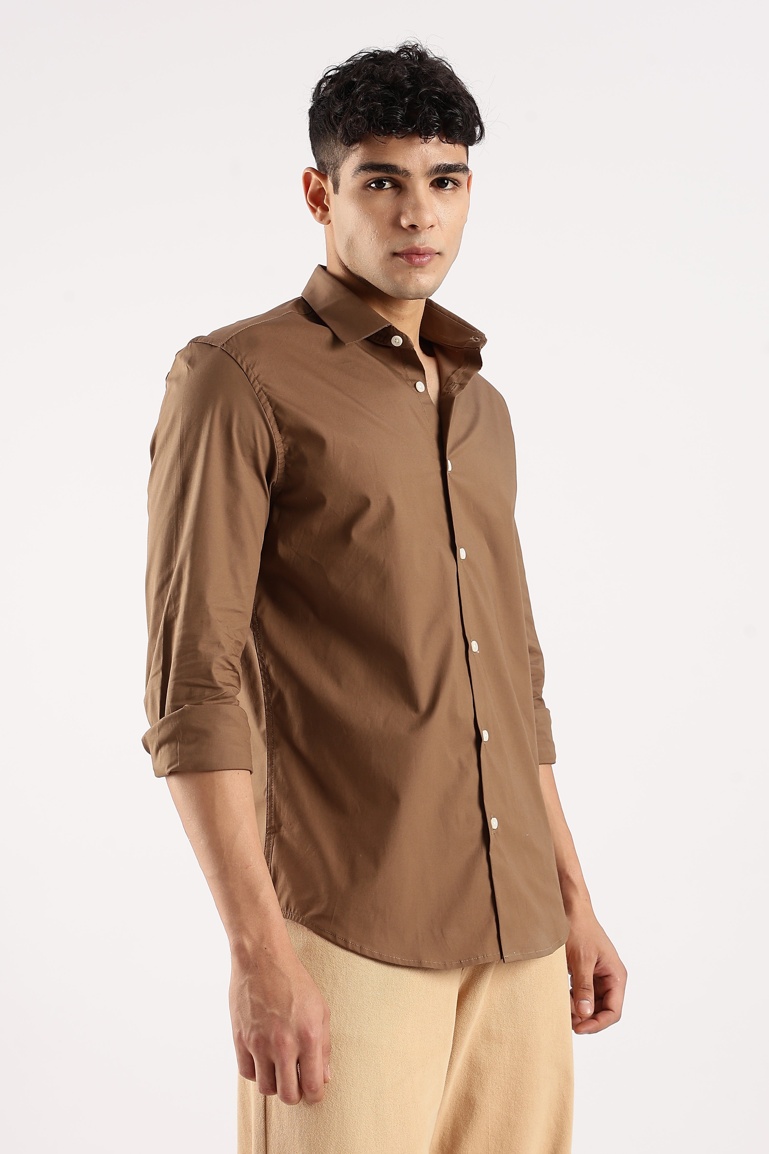 Men Khaki Cotton Lycra Shirt