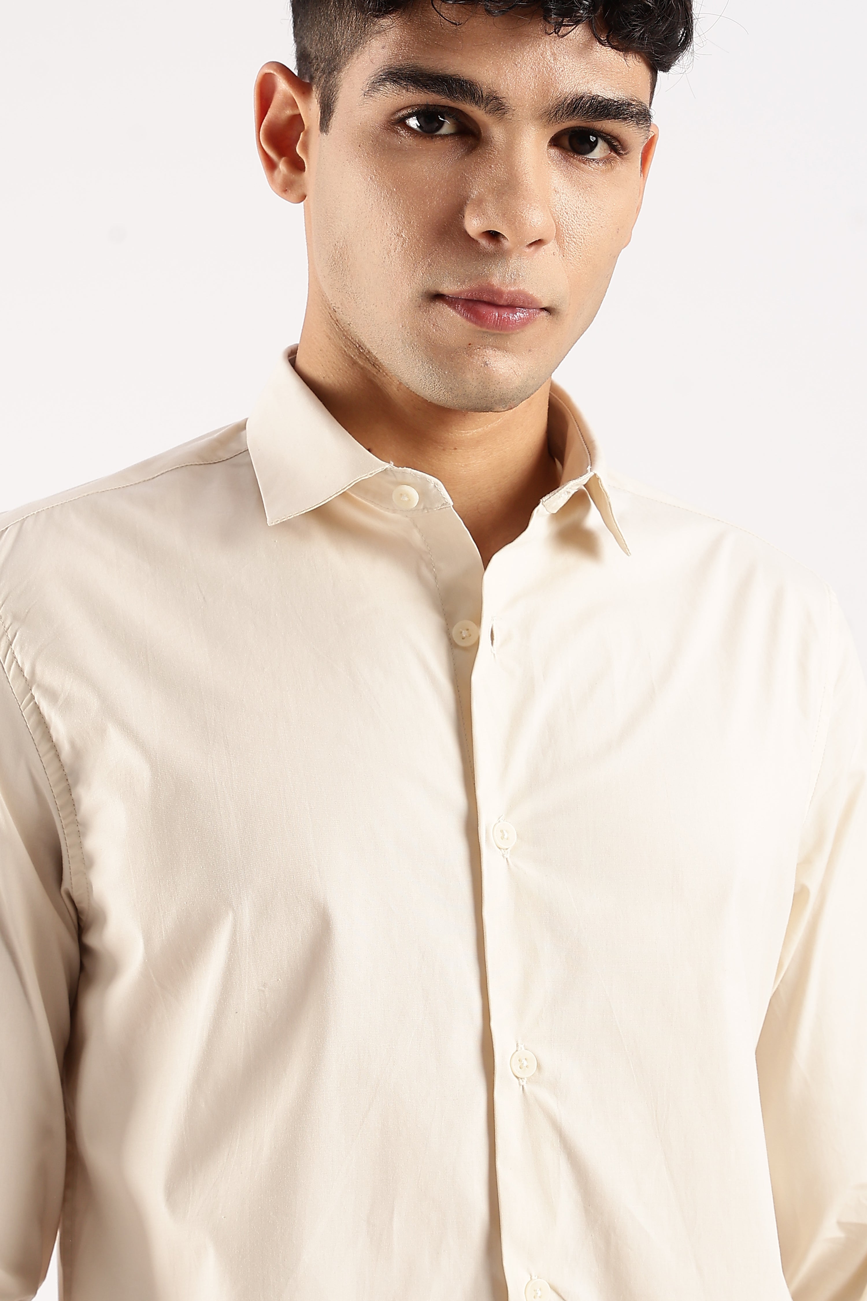 Men Off White Cotton Lycra Shirt