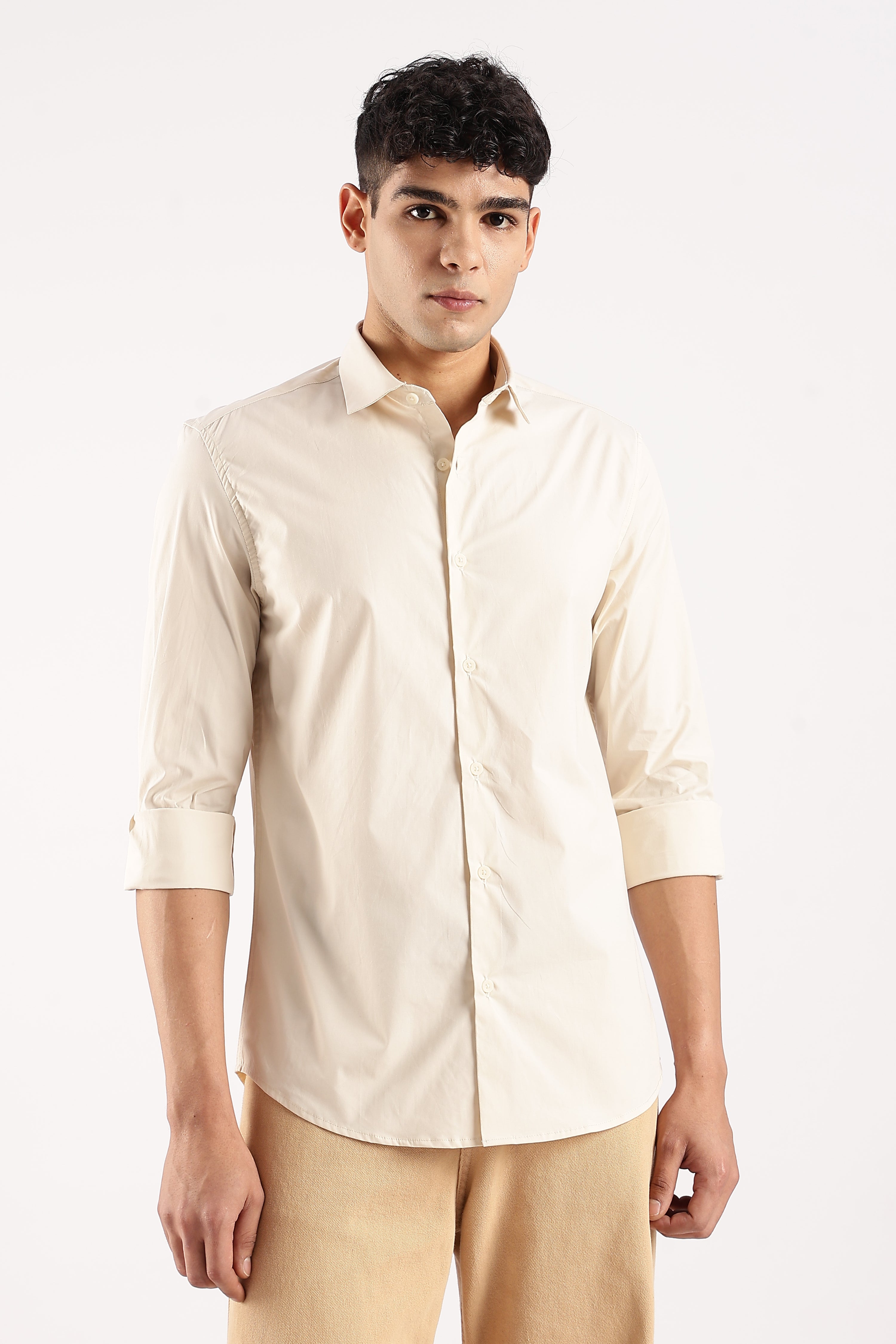 Men Off White Cotton Lycra Shirt