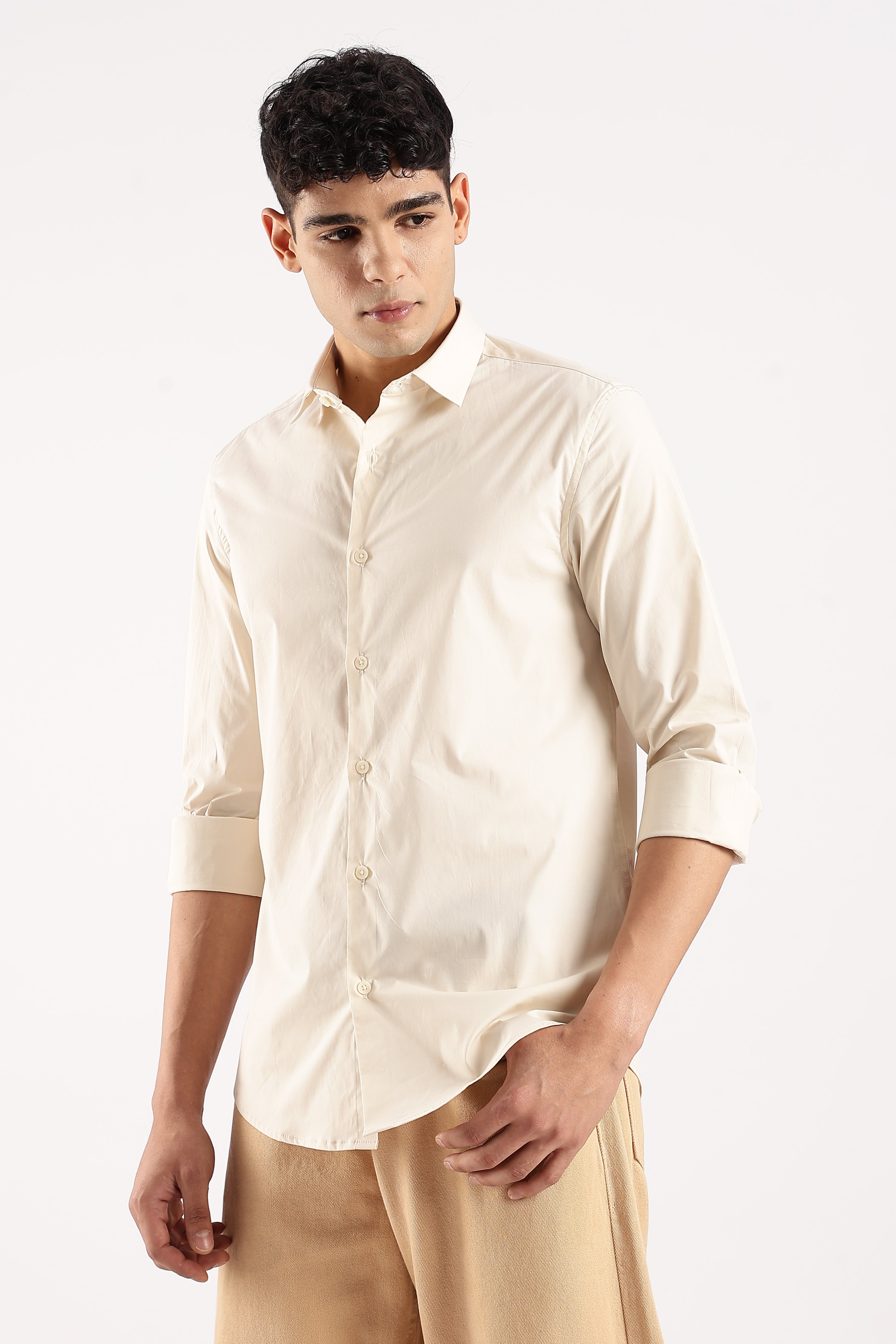 Men Off White Cotton Lycra Shirt