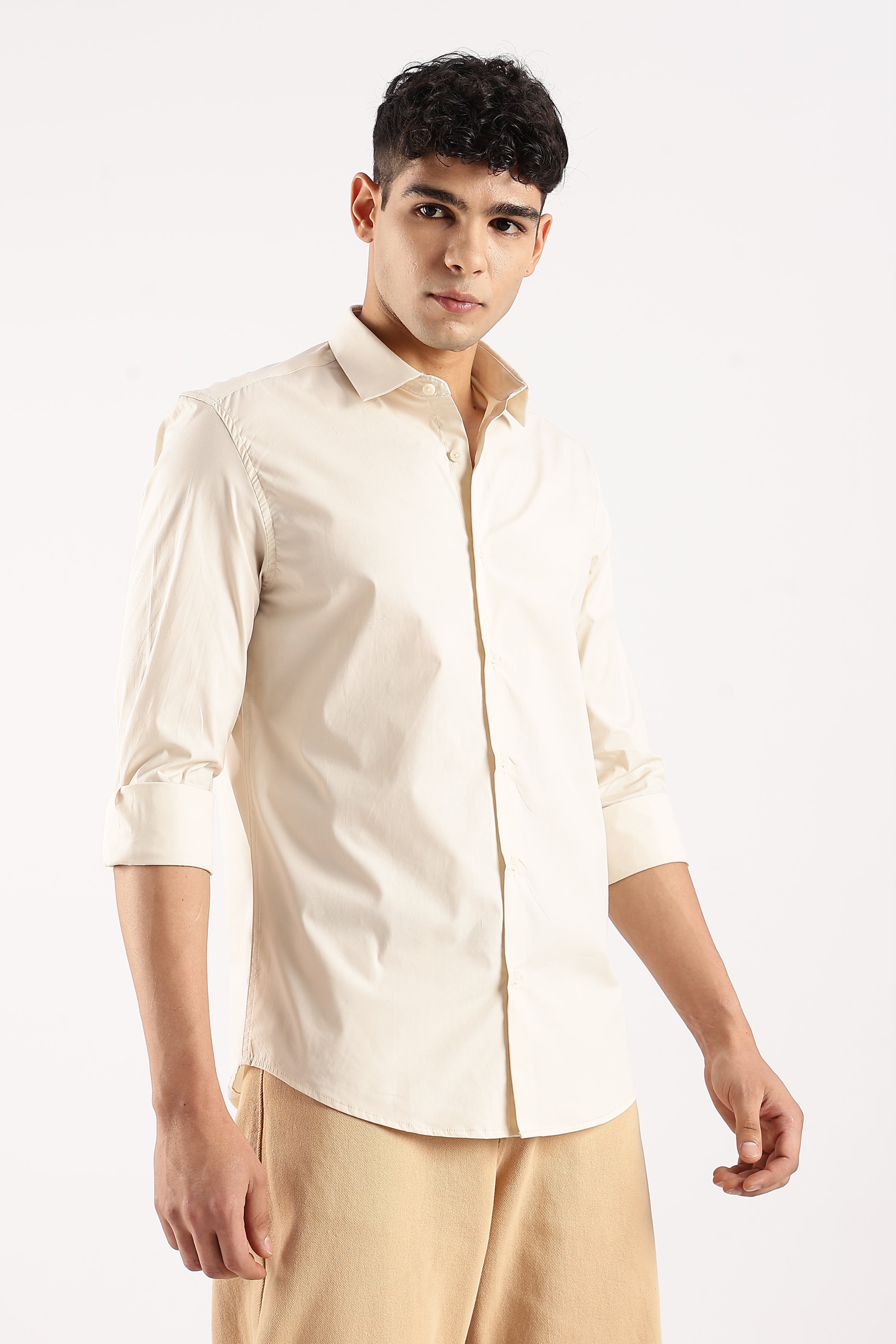 Men Off White Cotton Lycra Shirt