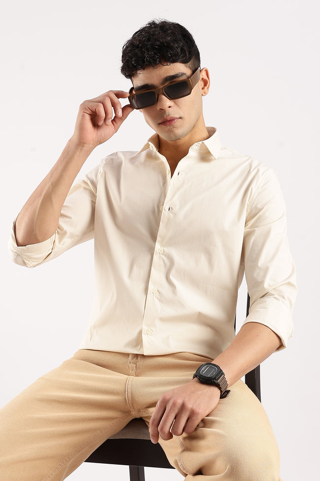 Men Off White Cotton Lycra Shirt
