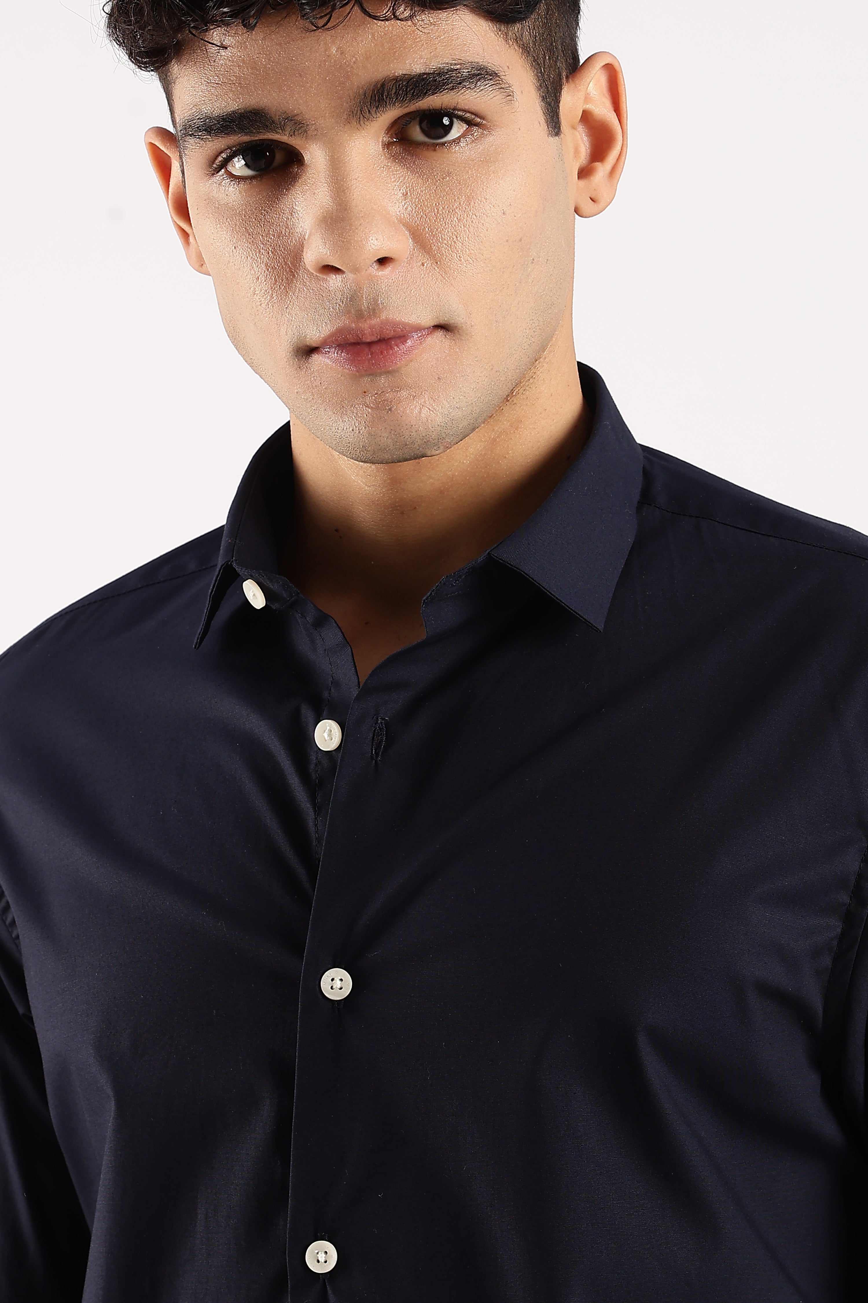 Men Navy Blue Cotton Lycra Shirt