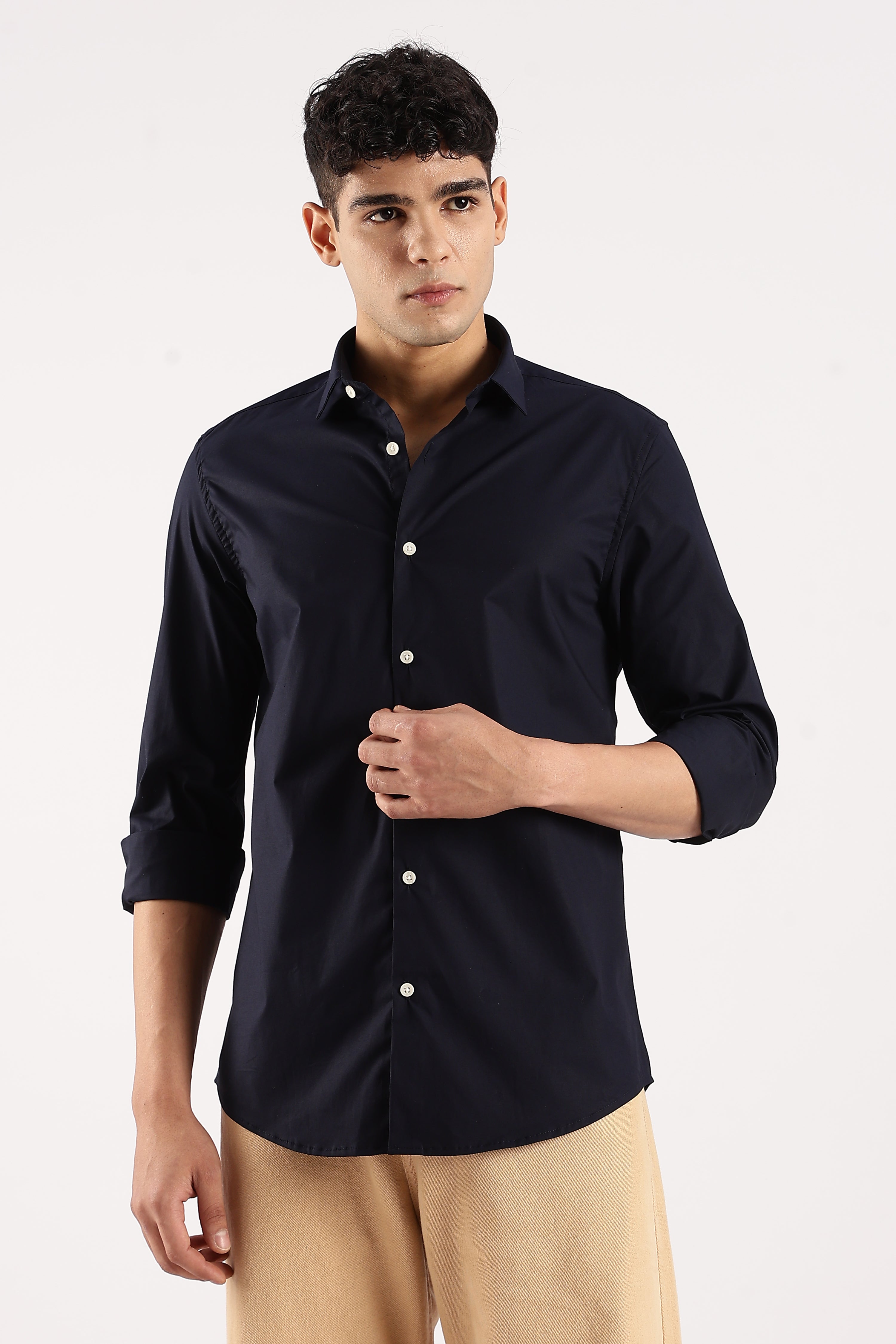 Men Navy Blue Cotton Lycra Shirt