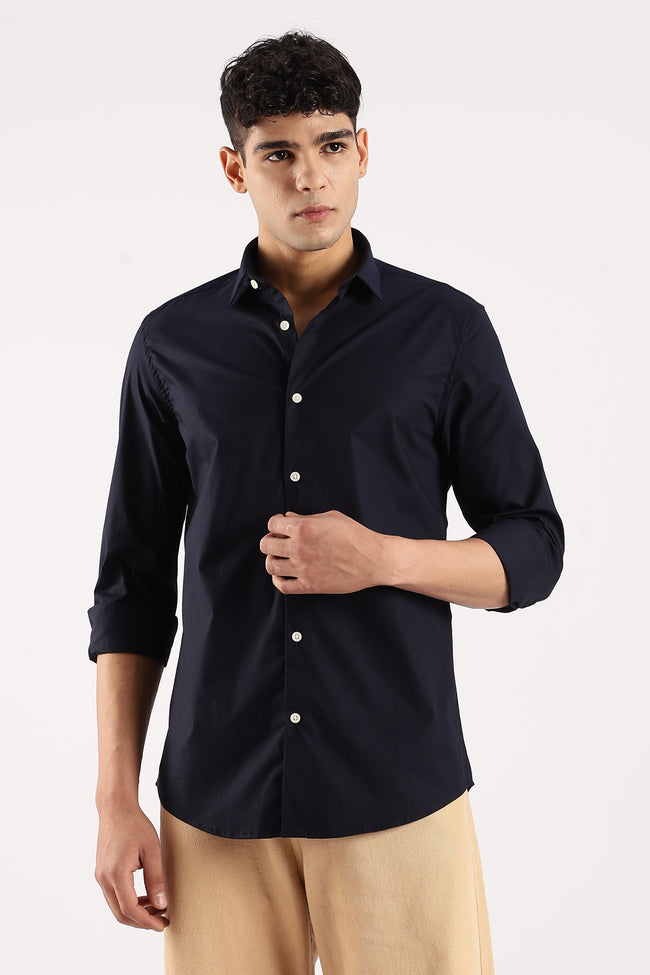 Men Navy Blue Cotton Lycra Shirt
