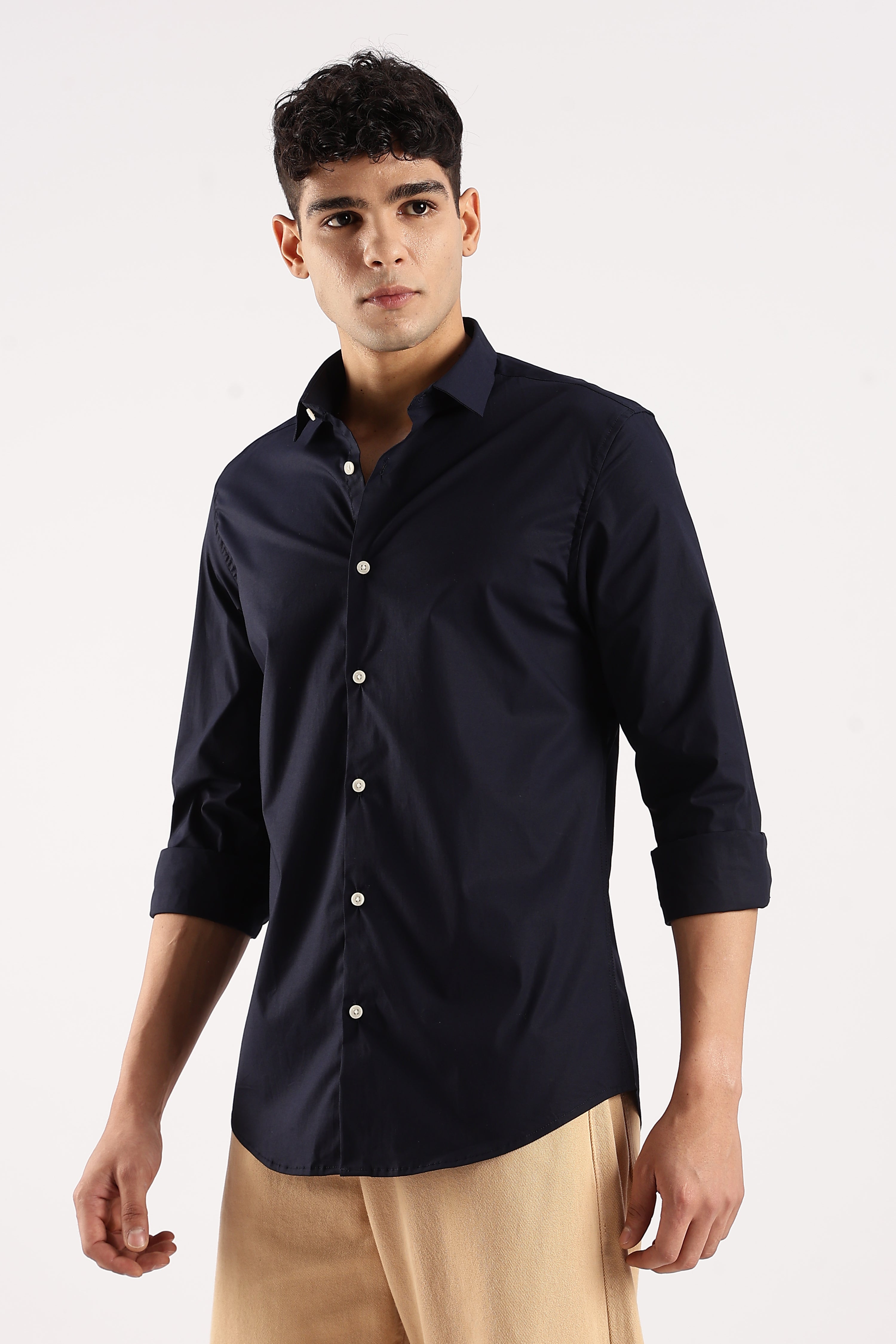 Men Navy Blue Cotton Lycra Shirt