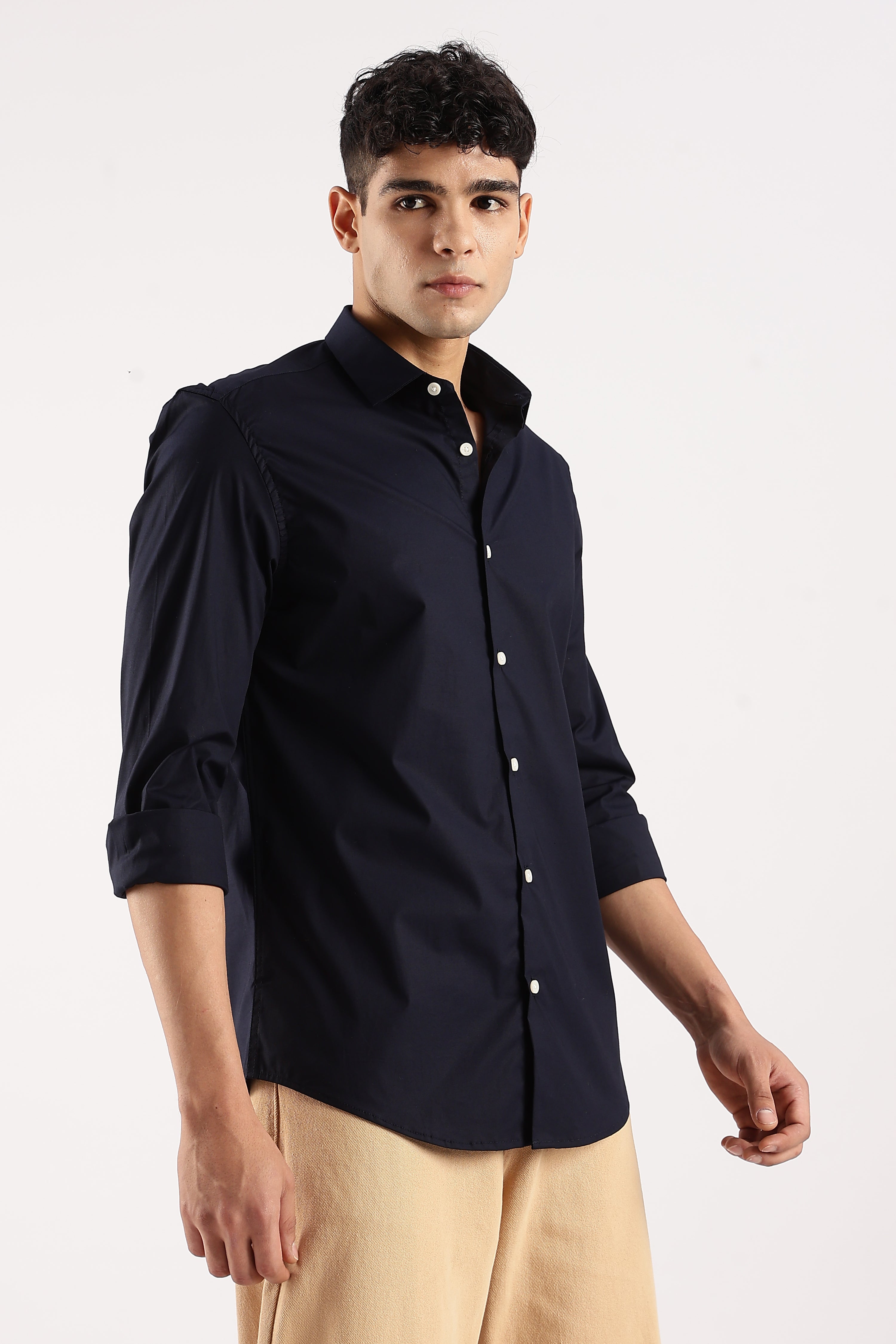 Men Navy Blue Cotton Lycra Shirt
