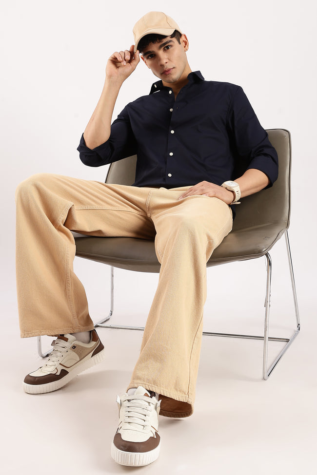 Men Navy Blue Cotton Lycra Shirt