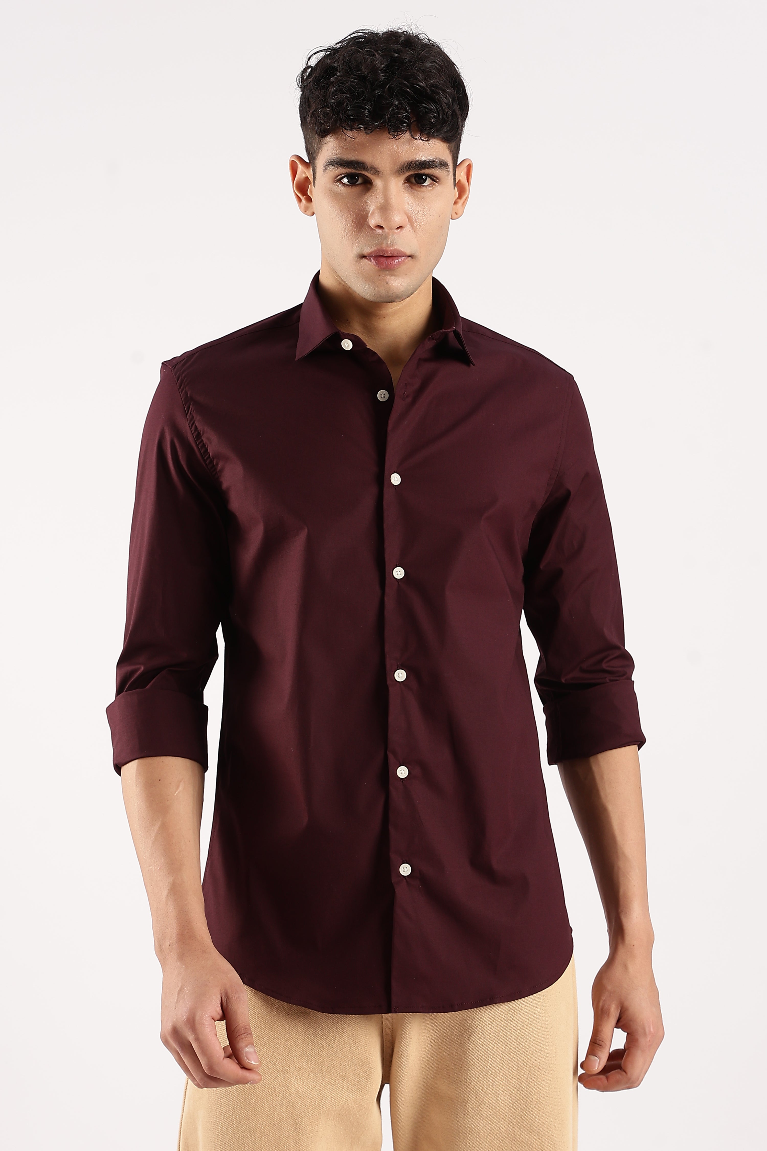 Men Burgundy Cotton Lycra Shirt