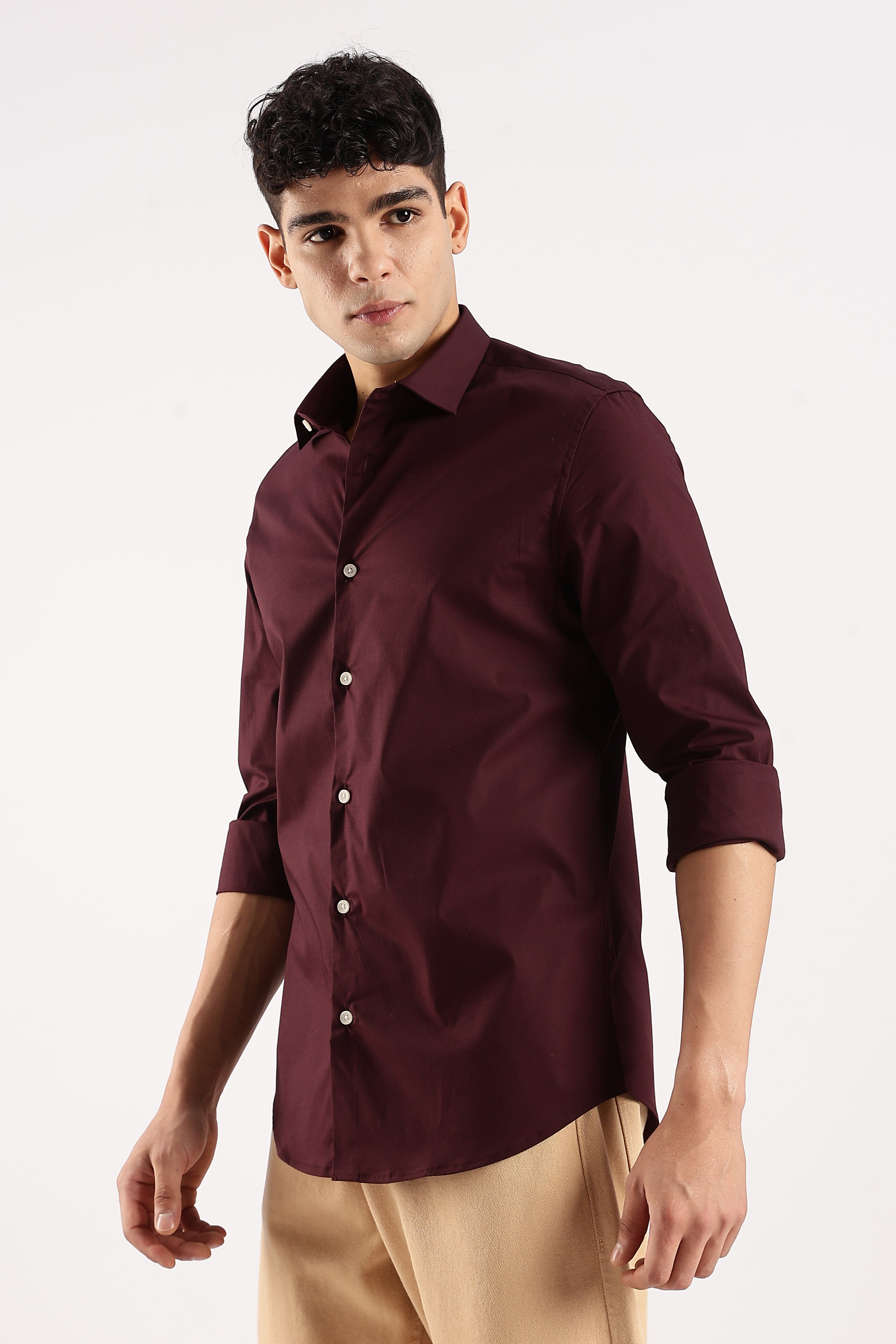 Men Burgundy Cotton Lycra Shirt
