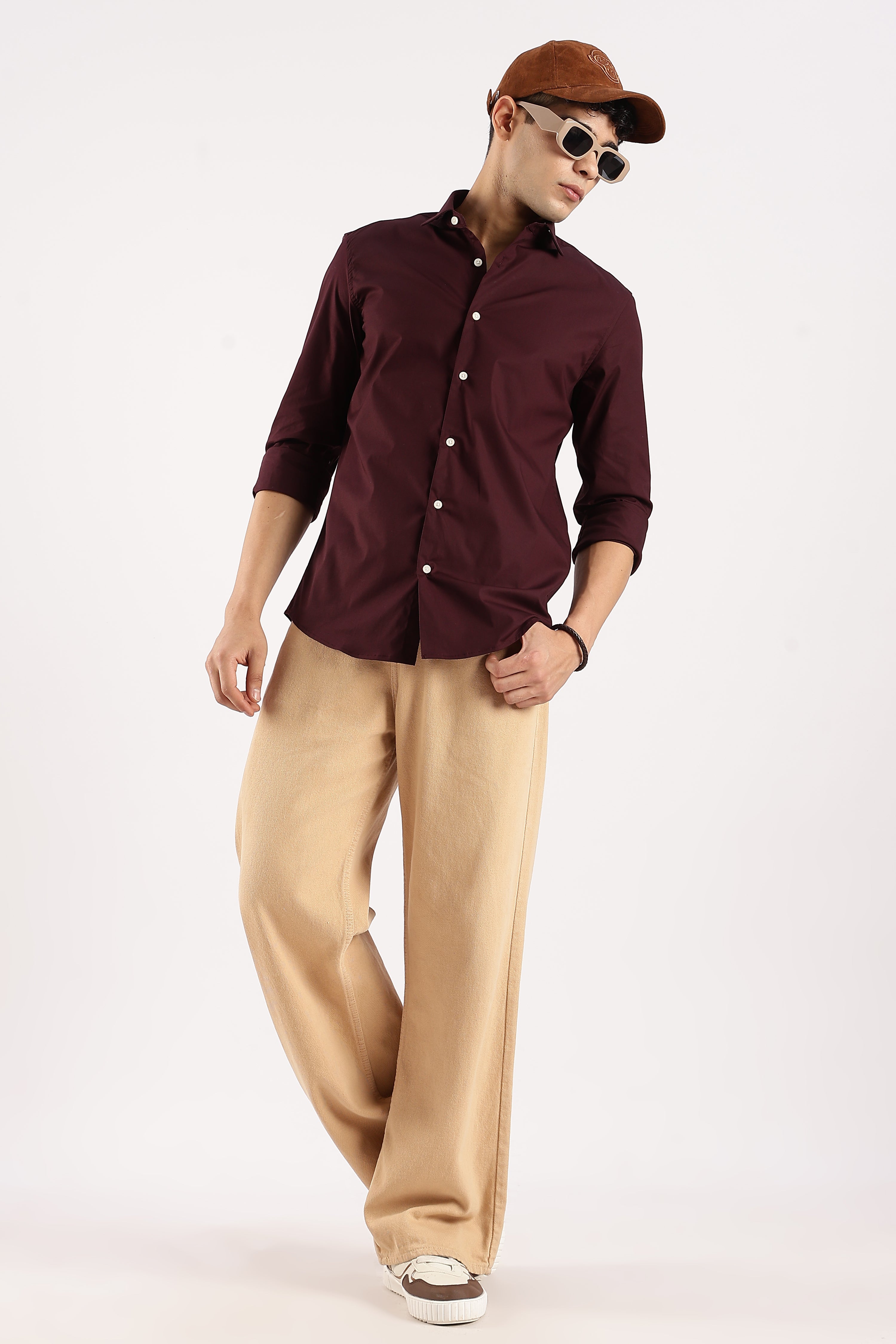 Men Burgundy Cotton Lycra Shirt