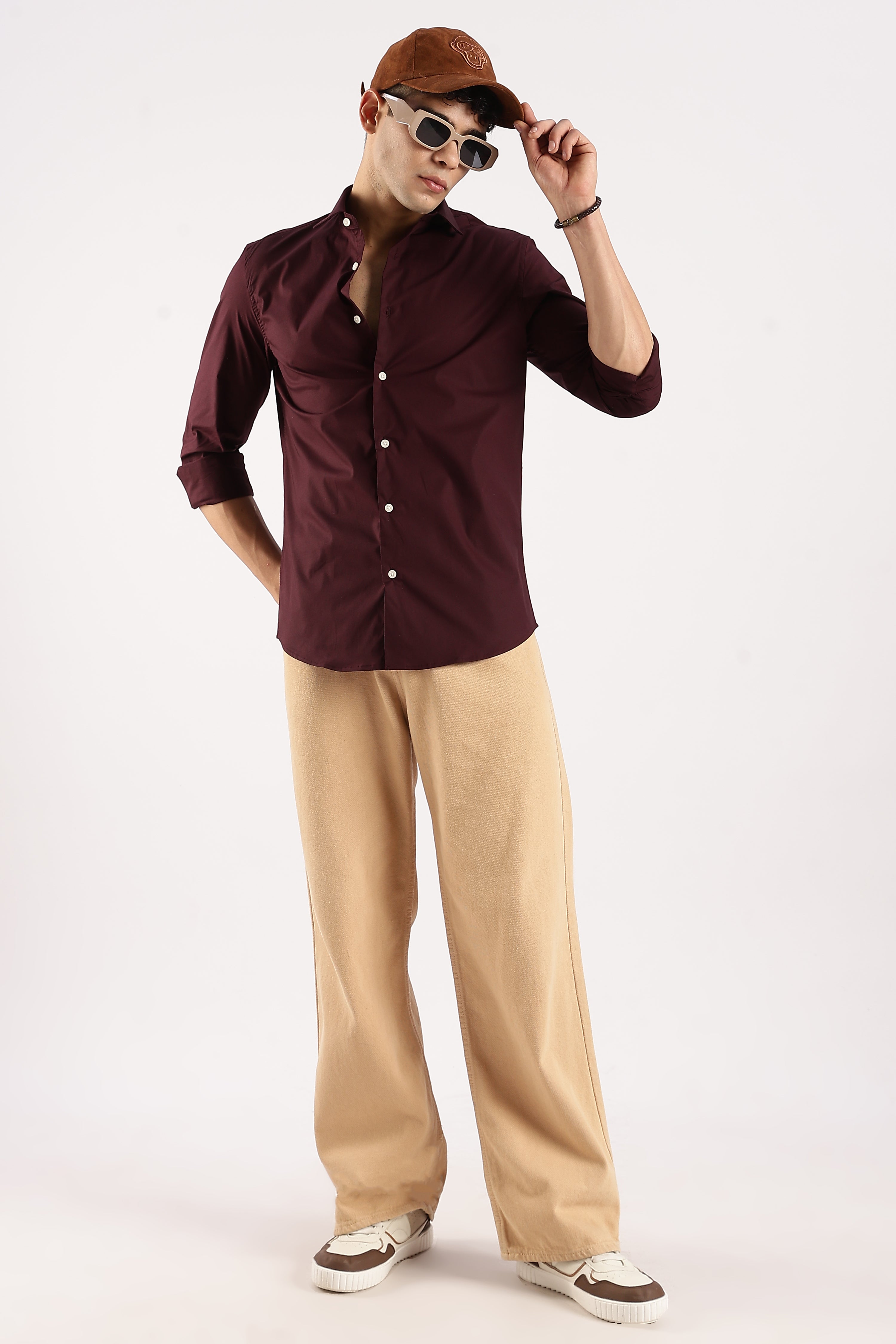 Men Burgundy Cotton Lycra Shirt