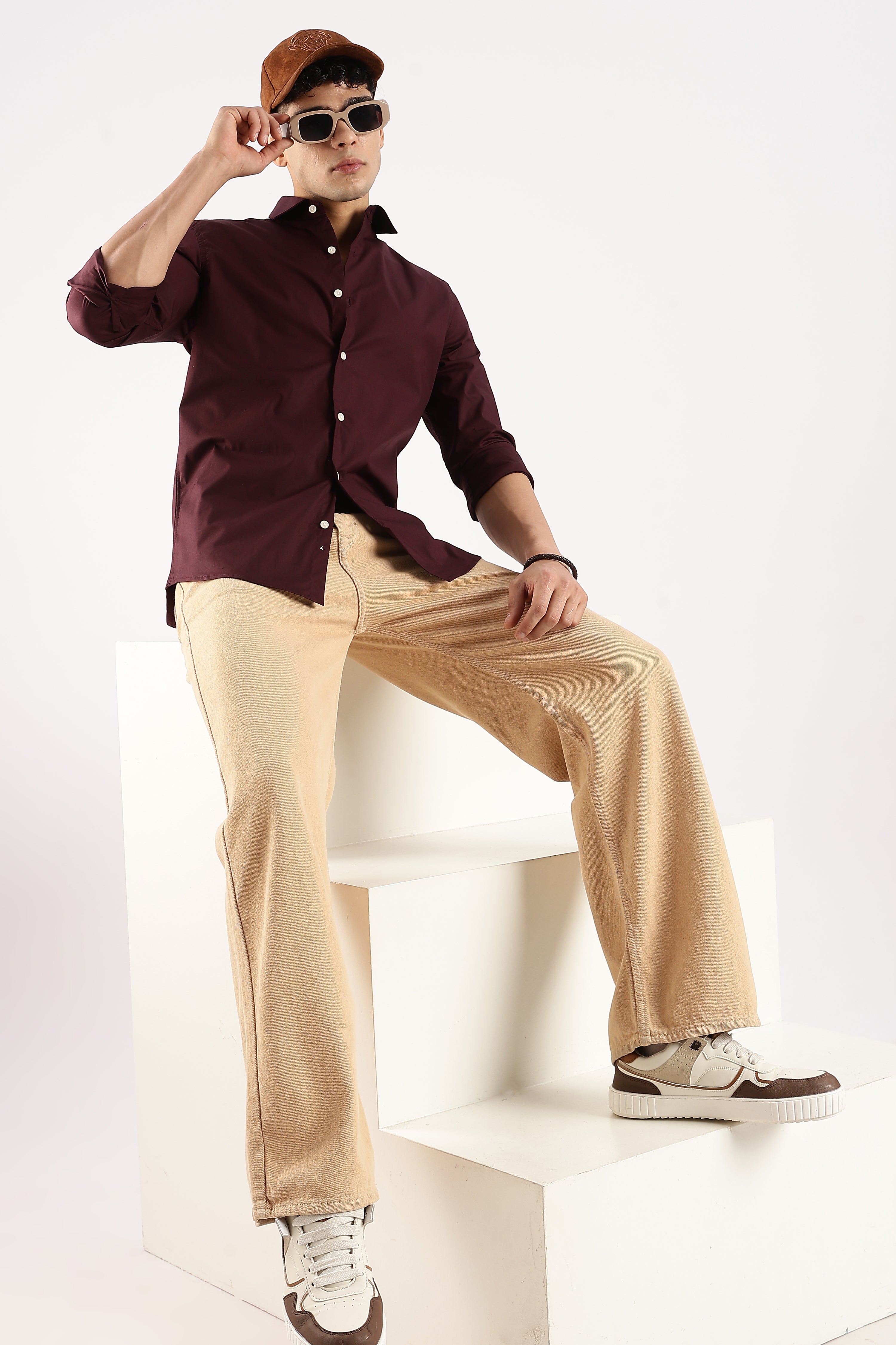 Men Burgundy Cotton Lycra Shirt