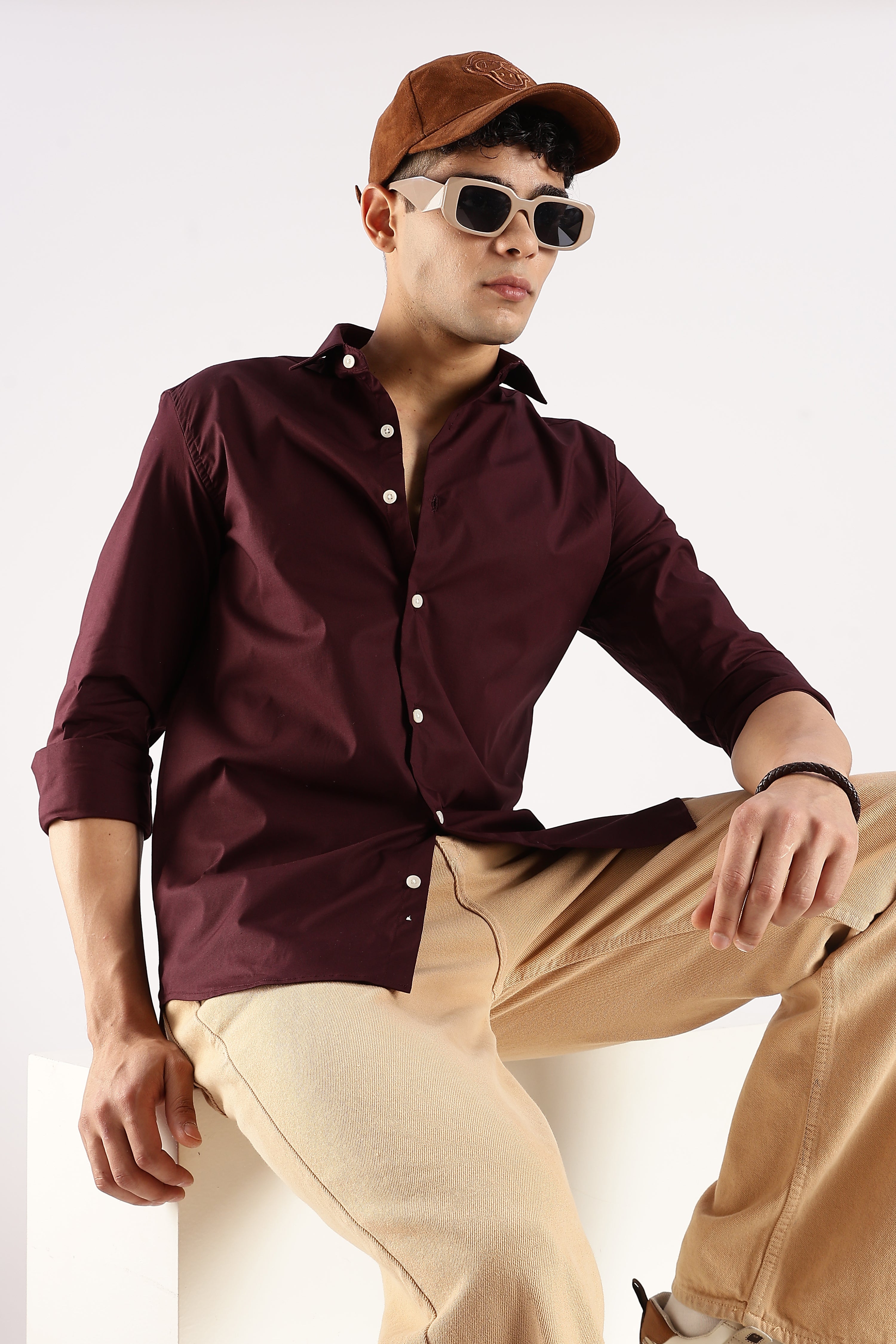 Men Burgundy Cotton Lycra Shirt