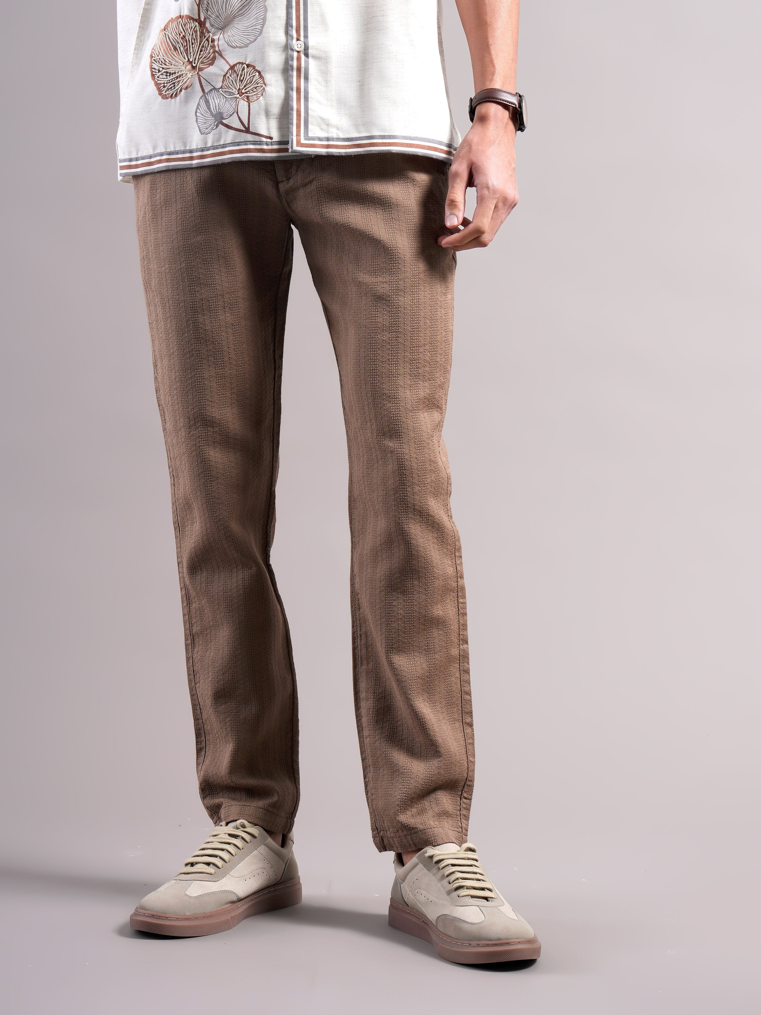 Men Cotton Self Design Trousers