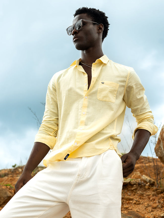 Men Yellow Cotton Linen Slim Fit Solid Casual Shirt