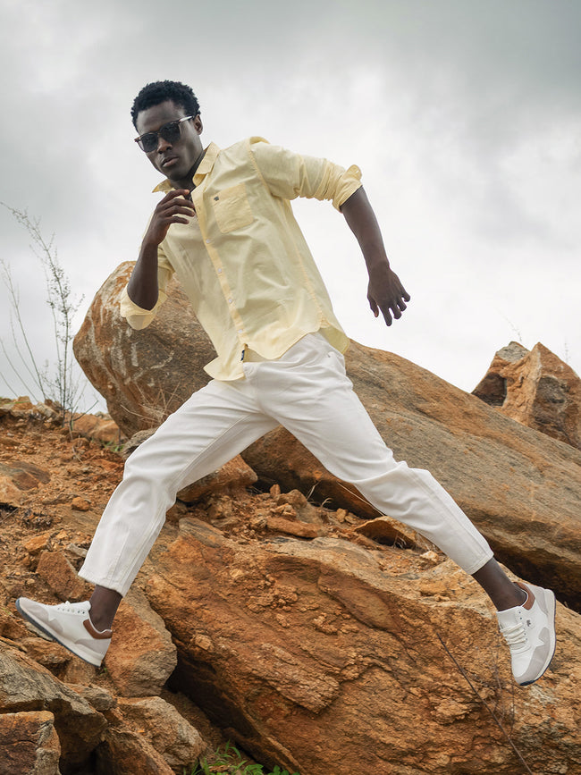 Men Yellow Cotton Linen Slim Fit Solid Casual Shirt