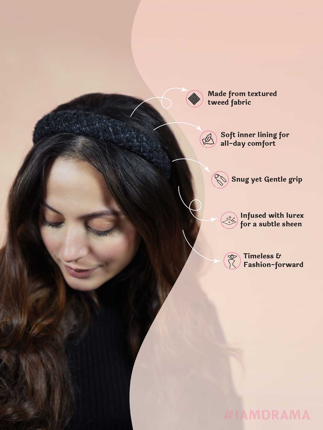 Women Black Tweed Puff Hair Band