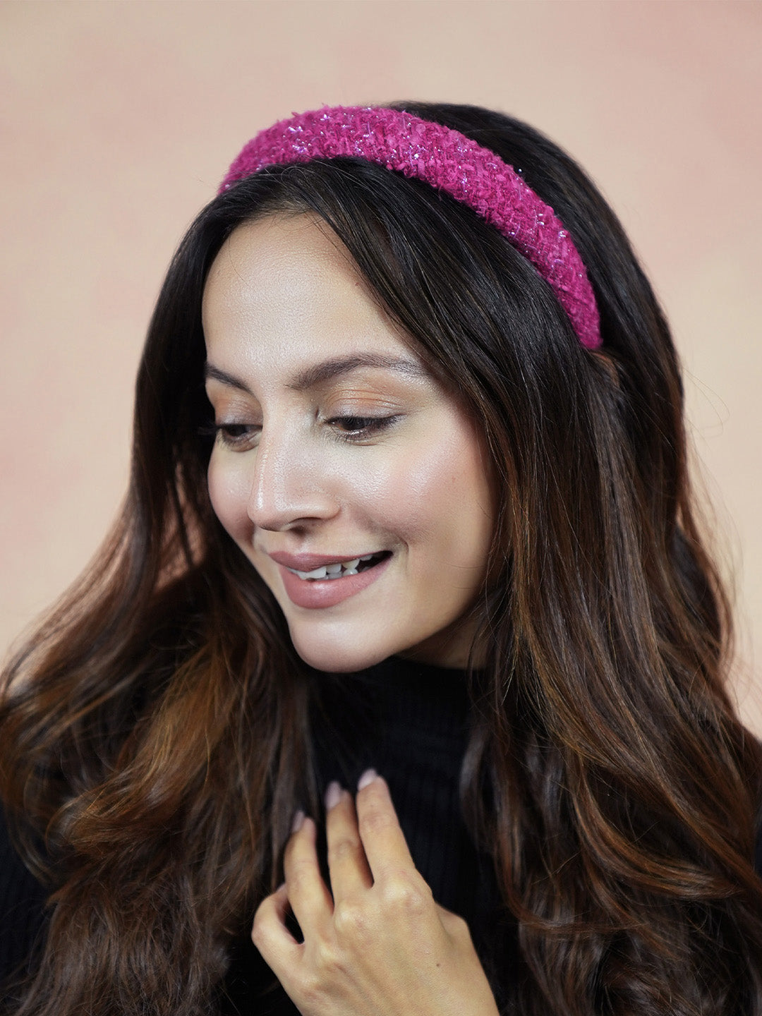 Women Pink Tweed Puff Hair Band